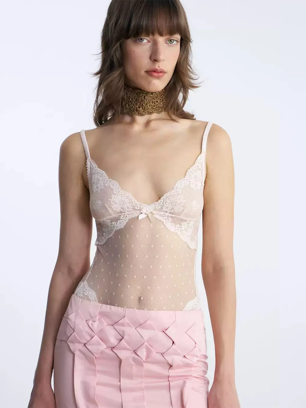 Nodress | Vintage Pink Lace Polka-Dot Mesh Bodysuit