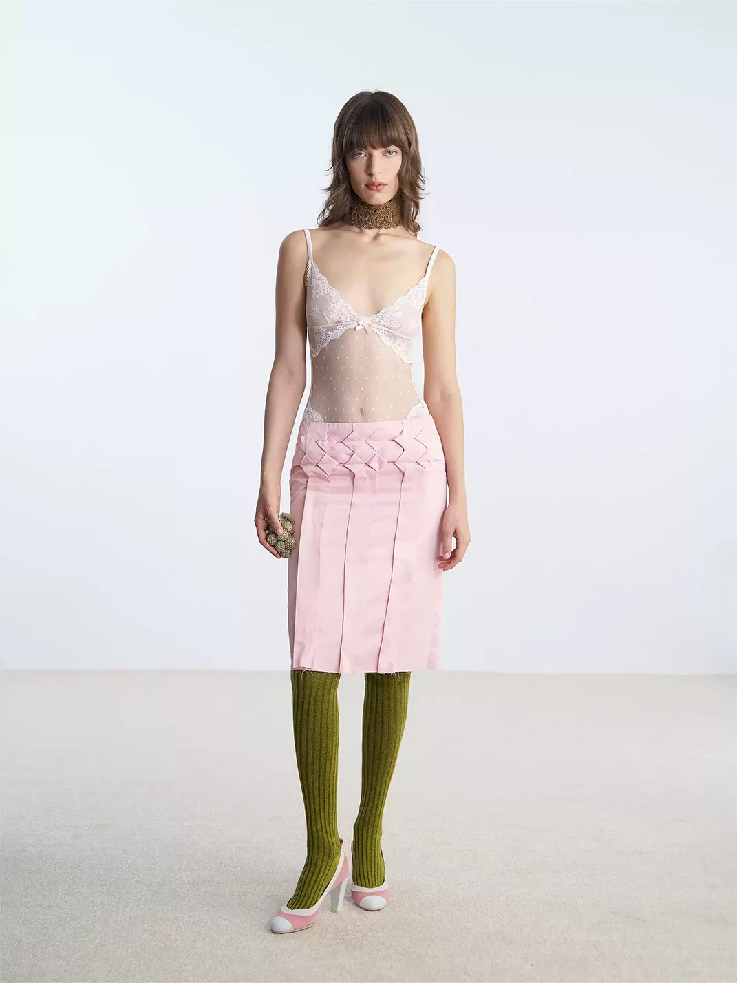 Nodress | Vintage Pink Lace Polka-Dot Mesh Bodysuit