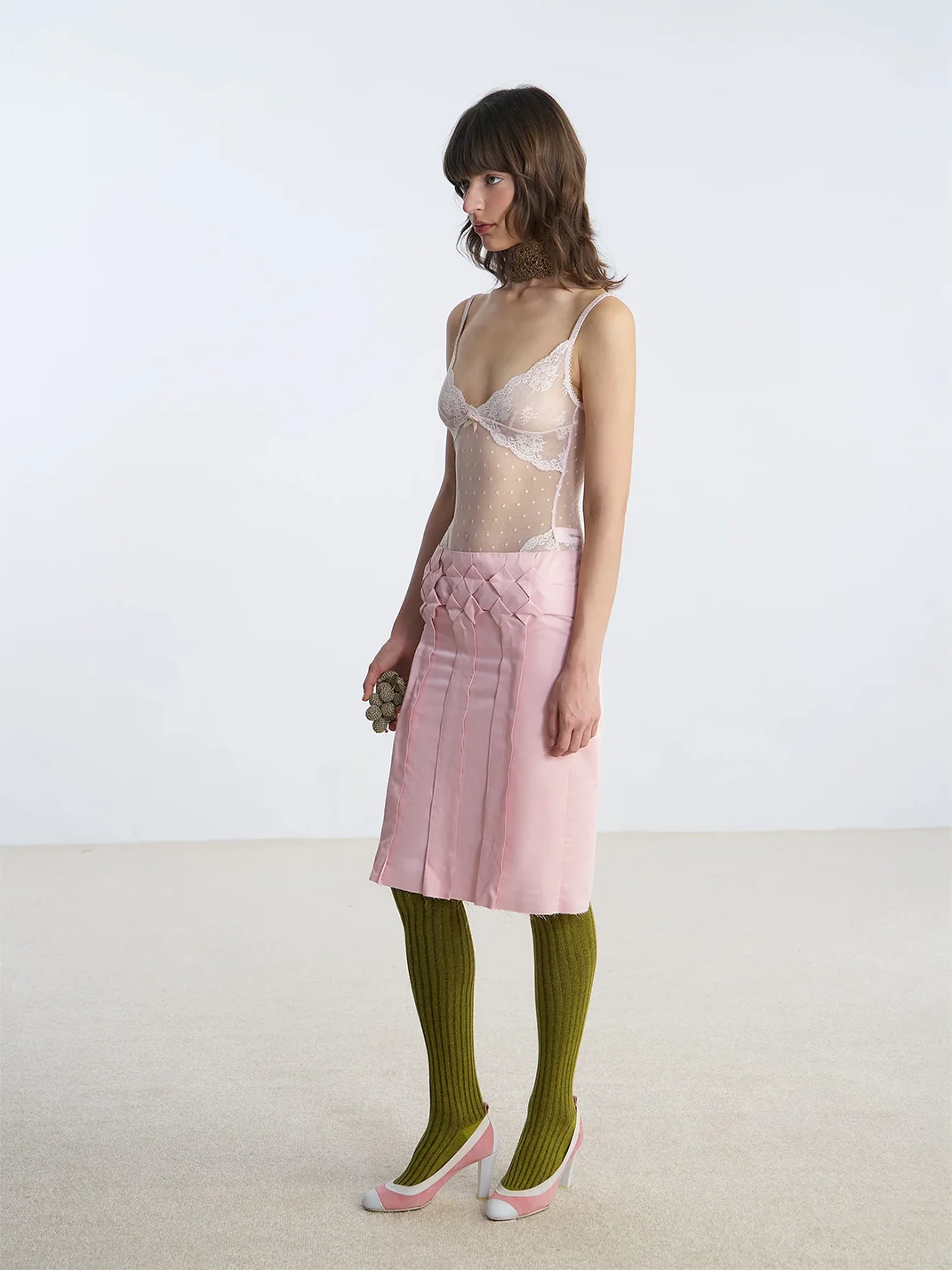 Nodress | Vintage Pink Lace Polka-Dot Mesh Bodysuit