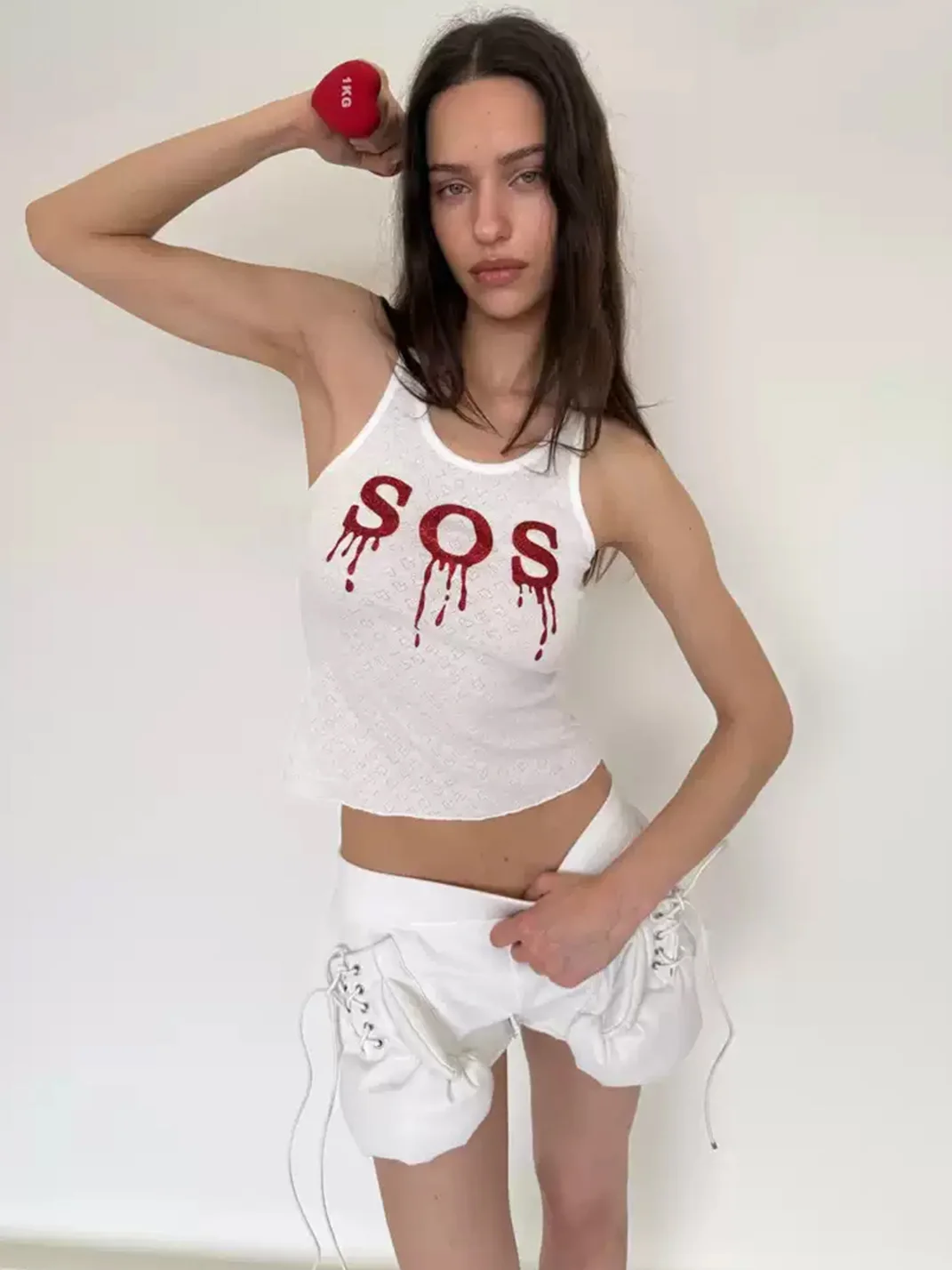 Nodress | SOS Glitter Letter-Print White Tank Top