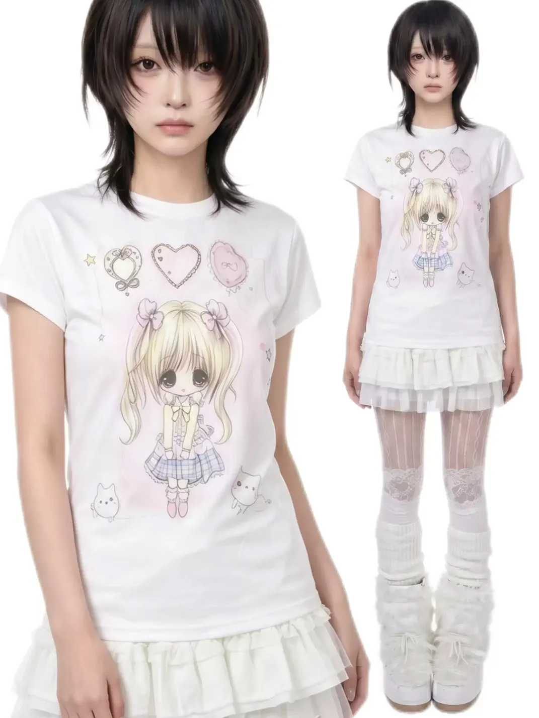 WEBBAR | White Short Sleeve T-Shirt With Cute Cartoon Prints