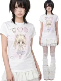 WEBBAR | White Short Sleeve T-Shirt With Cute Cartoon Prints