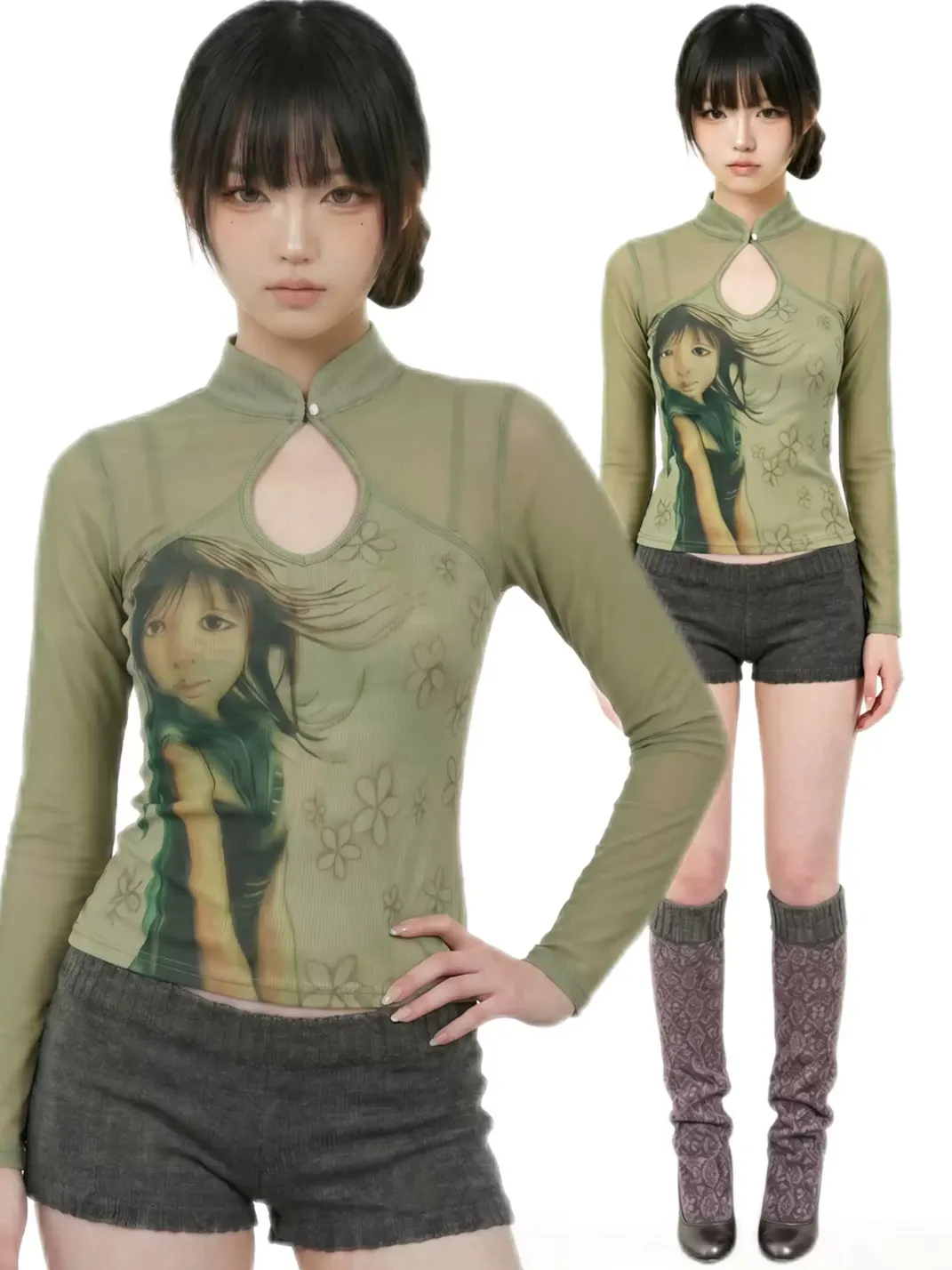 WEBBAR | New Chinese Style Cheongsam Collar Long Sleeve T-Shirt