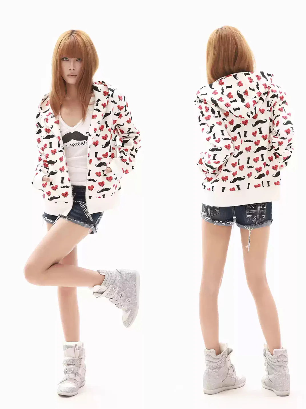 DETW | Heart Mustache Print Zip Hoodie