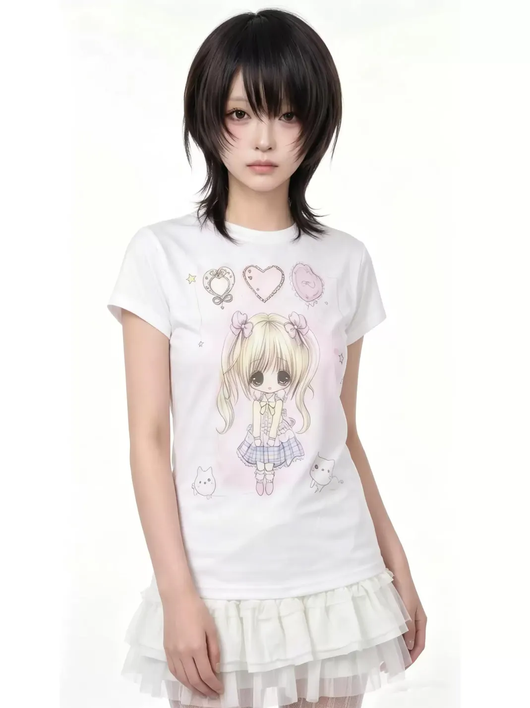 WEBBAR | White Short Sleeve T-Shirt With Cute Cartoon Prints