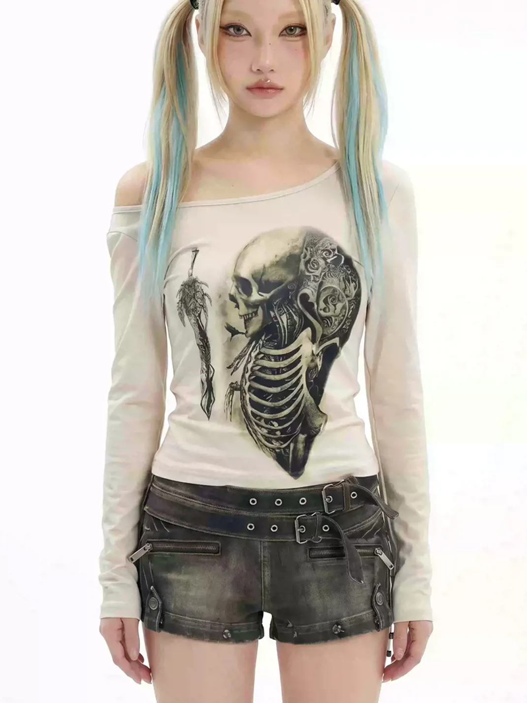 WEBBAR | Off-Shoulder Skeleton Print Modal Long Sleeve T-Shirt