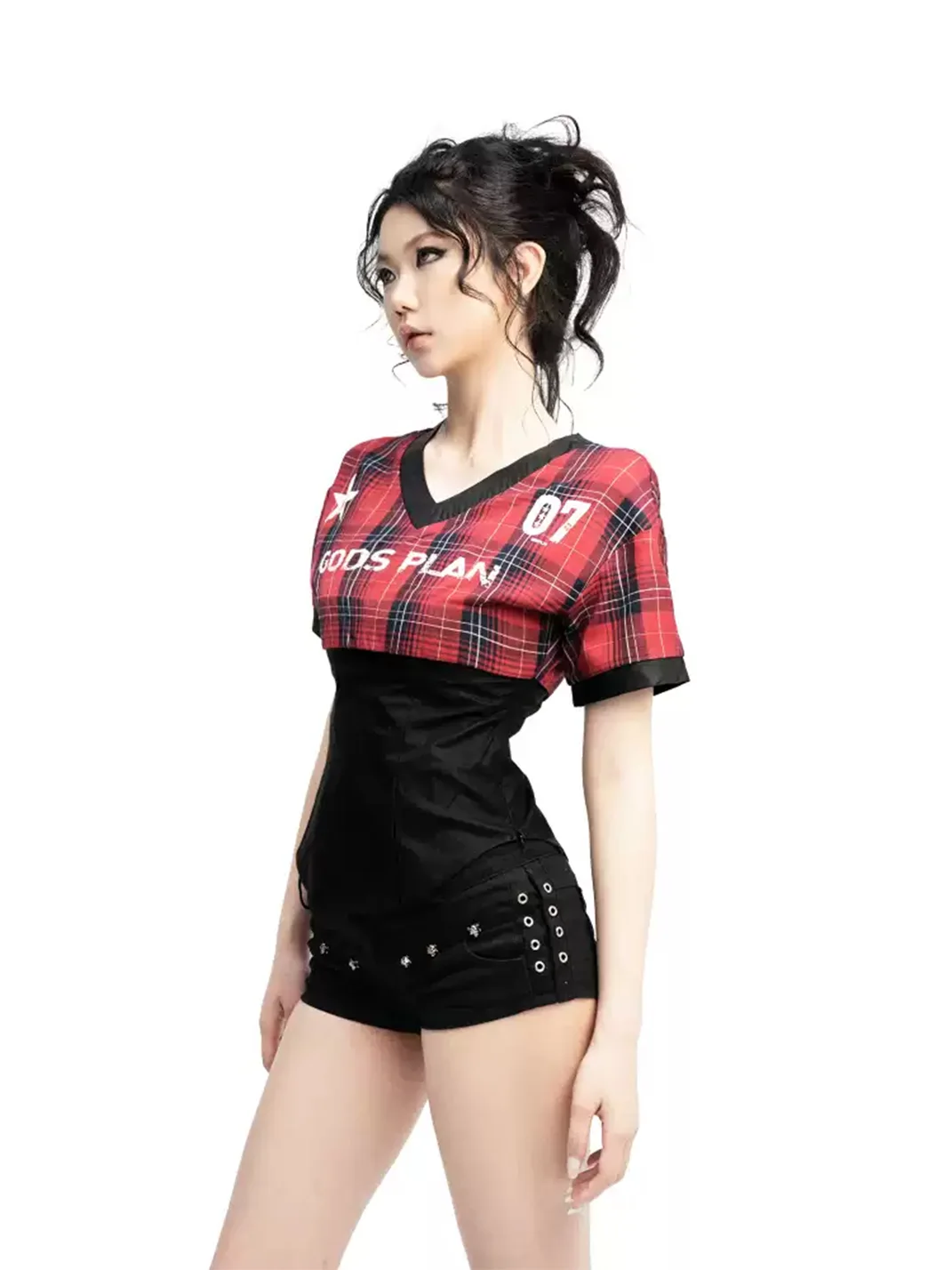 Gods plan | Women's Red Plaid Fitted Cropped V-Neck Short-Sleeve Blouse