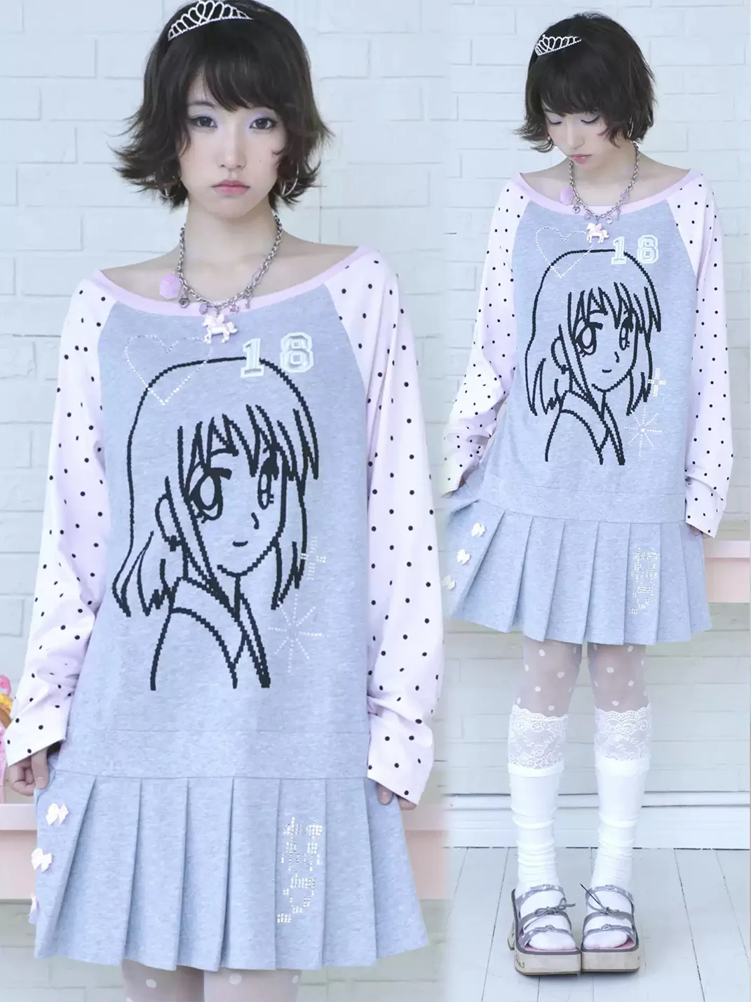 Hashtag DDD | Y2K Pixel Girl Off-Shoulder Long-Sleeve Pleated Dress