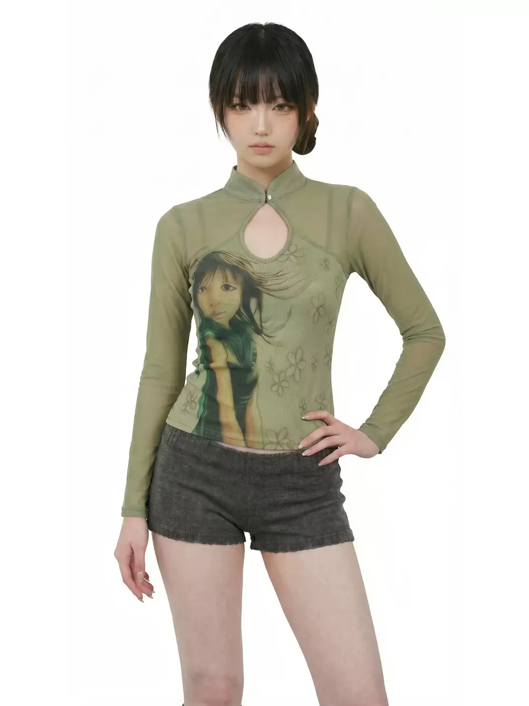 WEBBAR | New Chinese Style Cheongsam Collar Long Sleeve T-Shirt