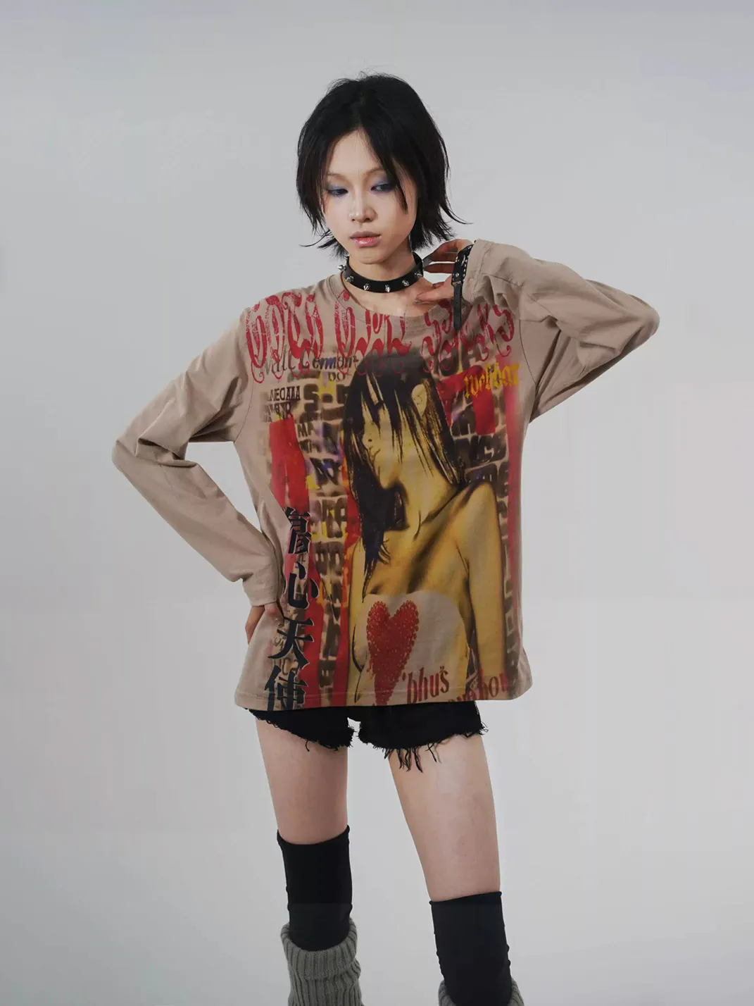 WEBBAR | Y2K Anime Style Brown Long Sleeve T-Shirt