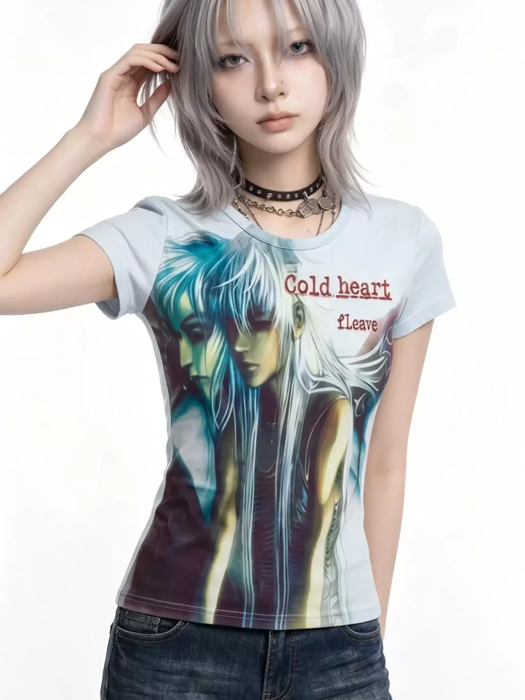 WEBBAR | Light Blue Y2K Anime Graphic Short Sleeve T-Shirt