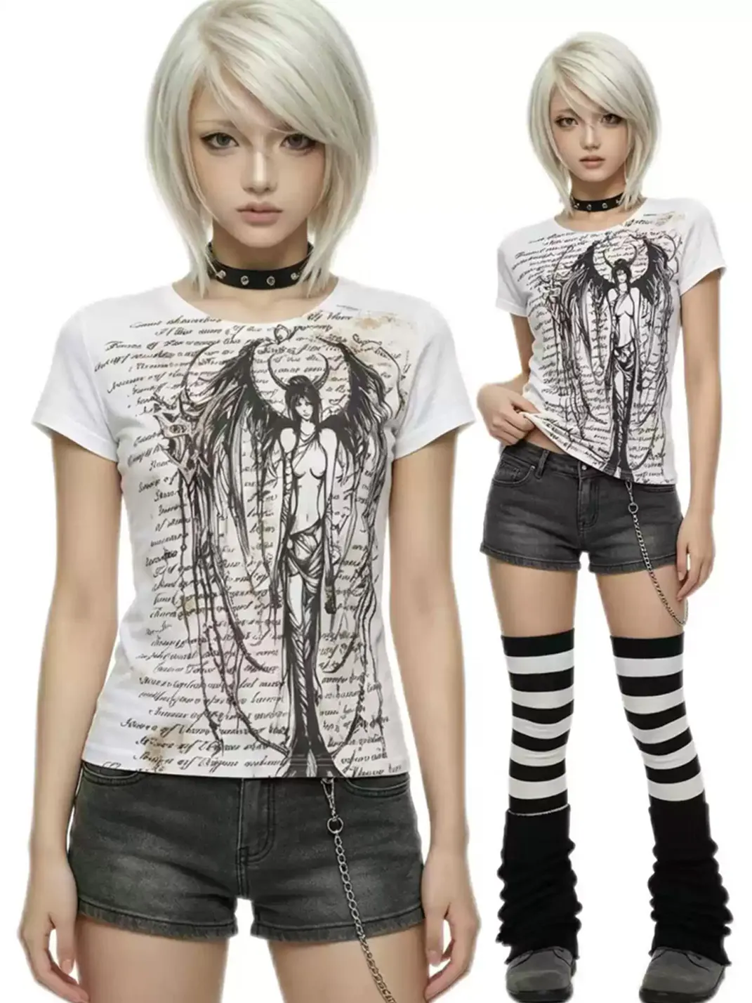 WEBBAR | Goth Style White Short Sleeve T-Shirt