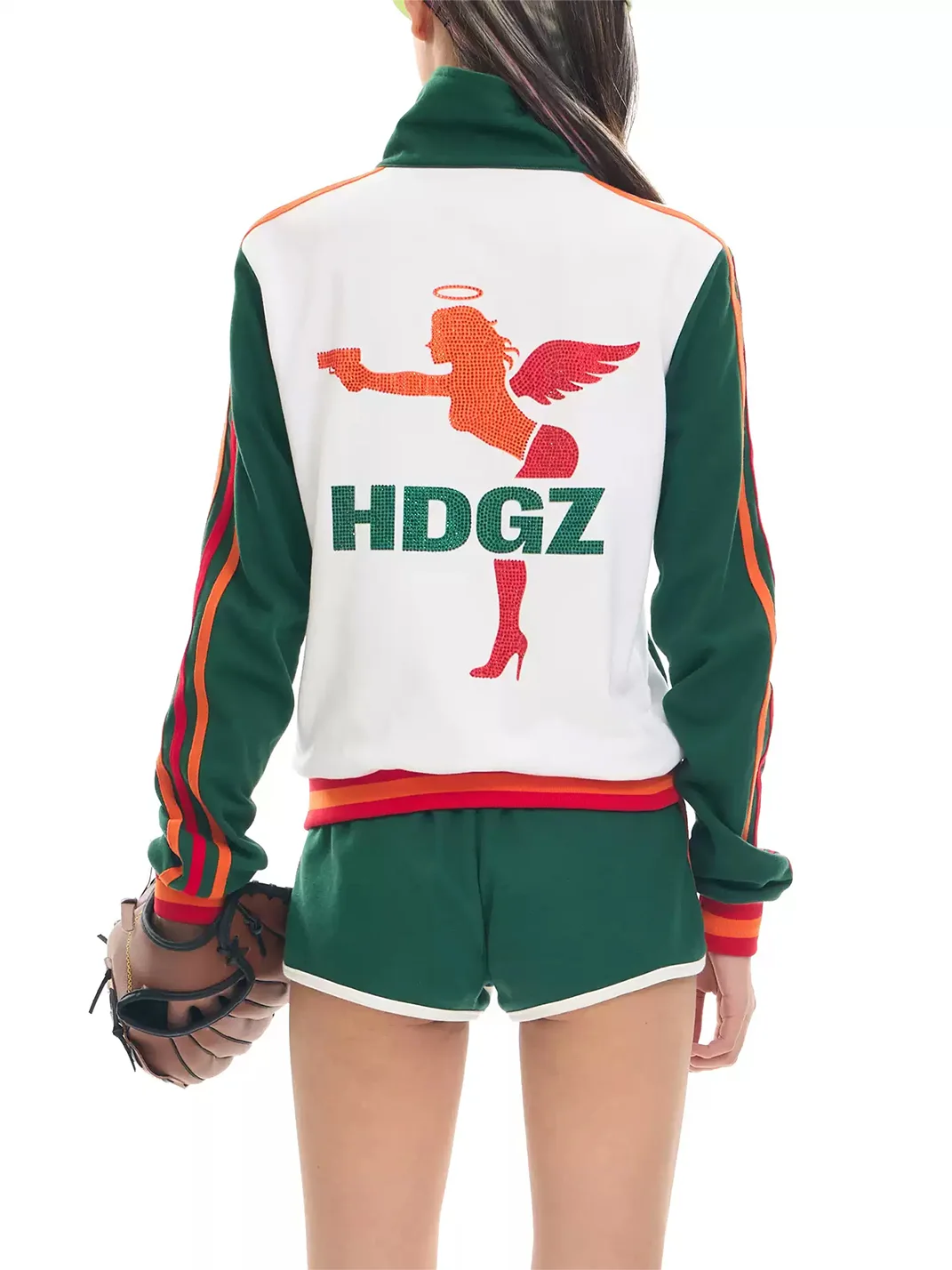 HuDieGongZhu | Color-Blocked Embroidered Rhinestone Track Jacket and Shorts Set