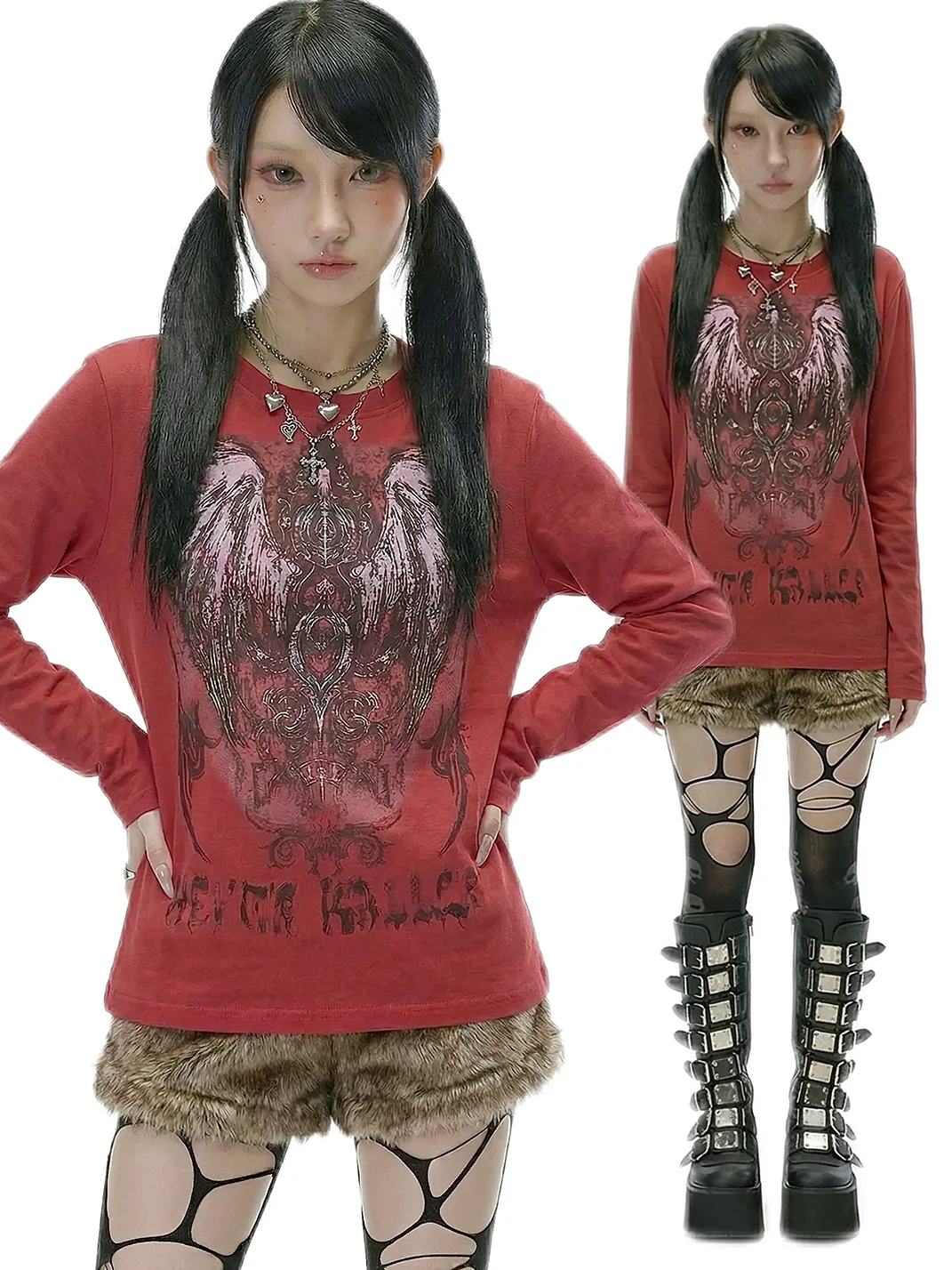 WEBBAR | Y2K Gothic Red Long Sleeve Graphic T-Shirt