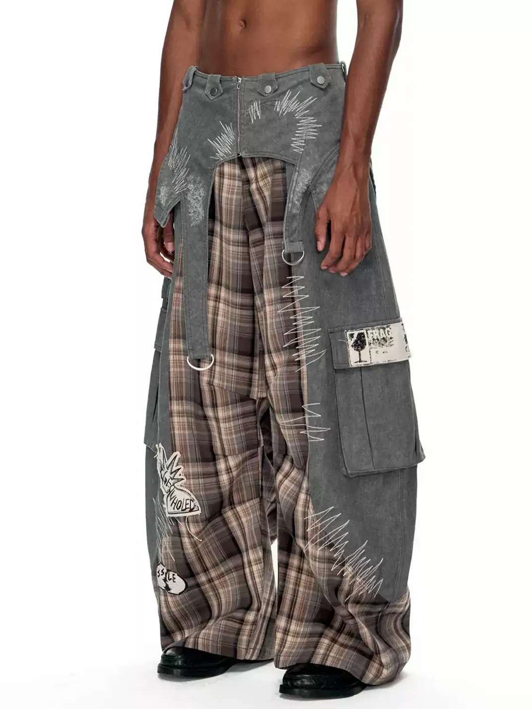 EMOBROTHER | Detachable Waist Cincher Plaid Cargo Pants