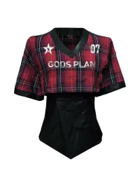 Gods plan | Women's Red Plaid Fitted Cropped V-Neck Short-Sleeve Blouse