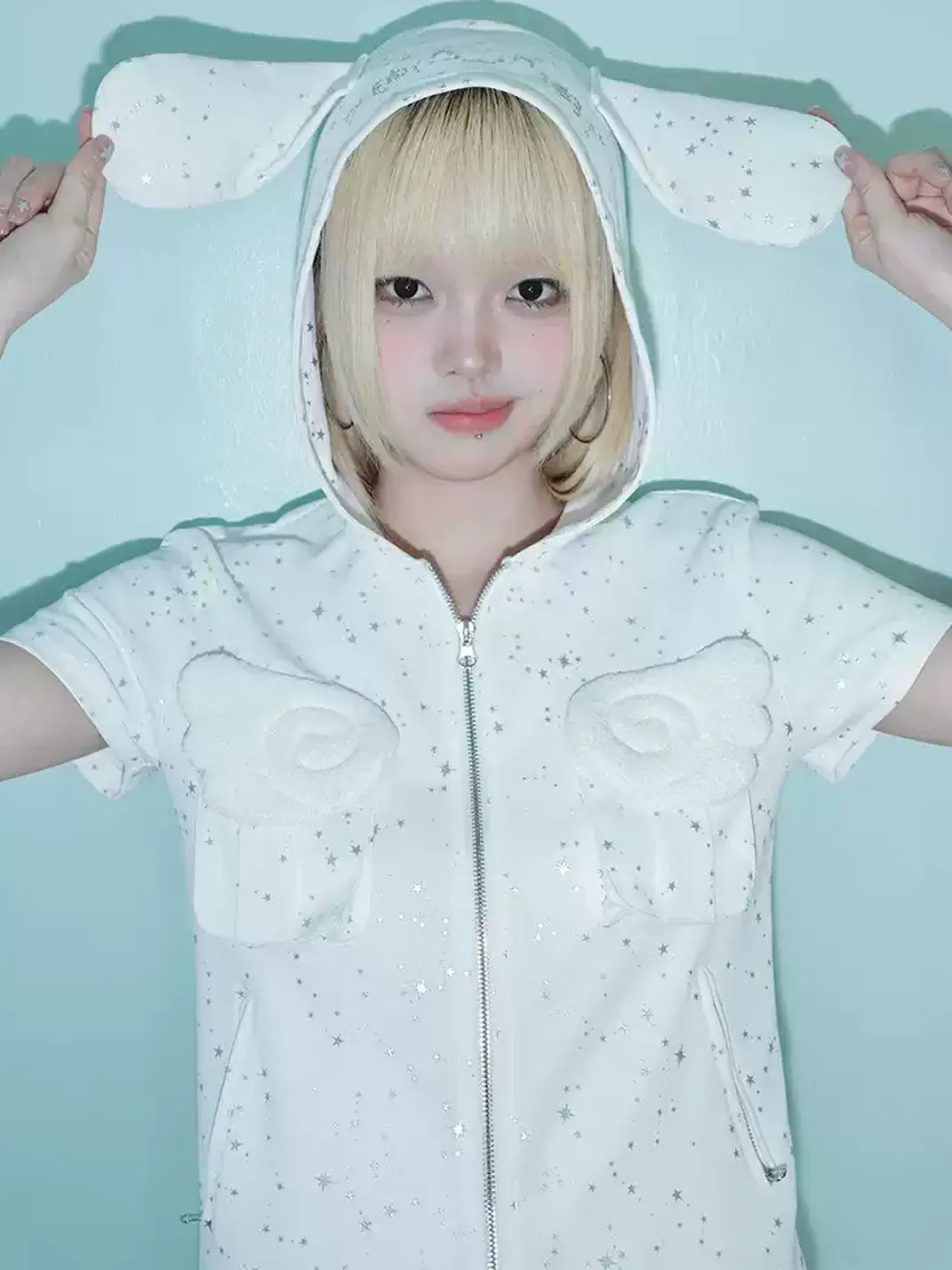 Hashtag DDD | White Star Print Bunny-Ear Hooded Jacket