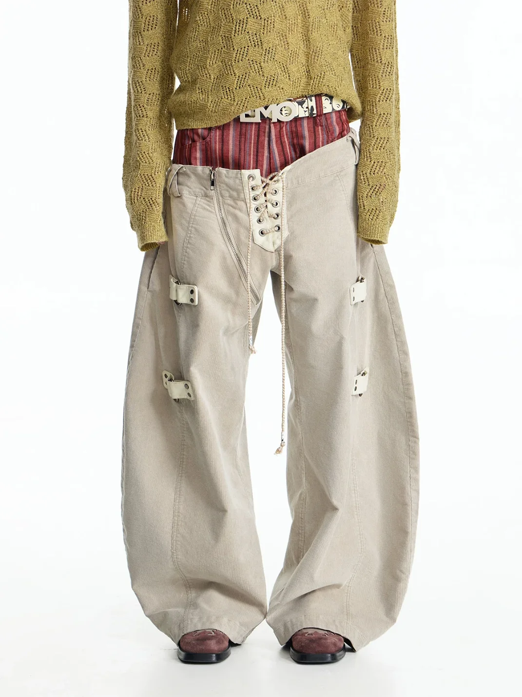 EMOBROTHER | Double-Waist Contrast Curved-Leg Pants