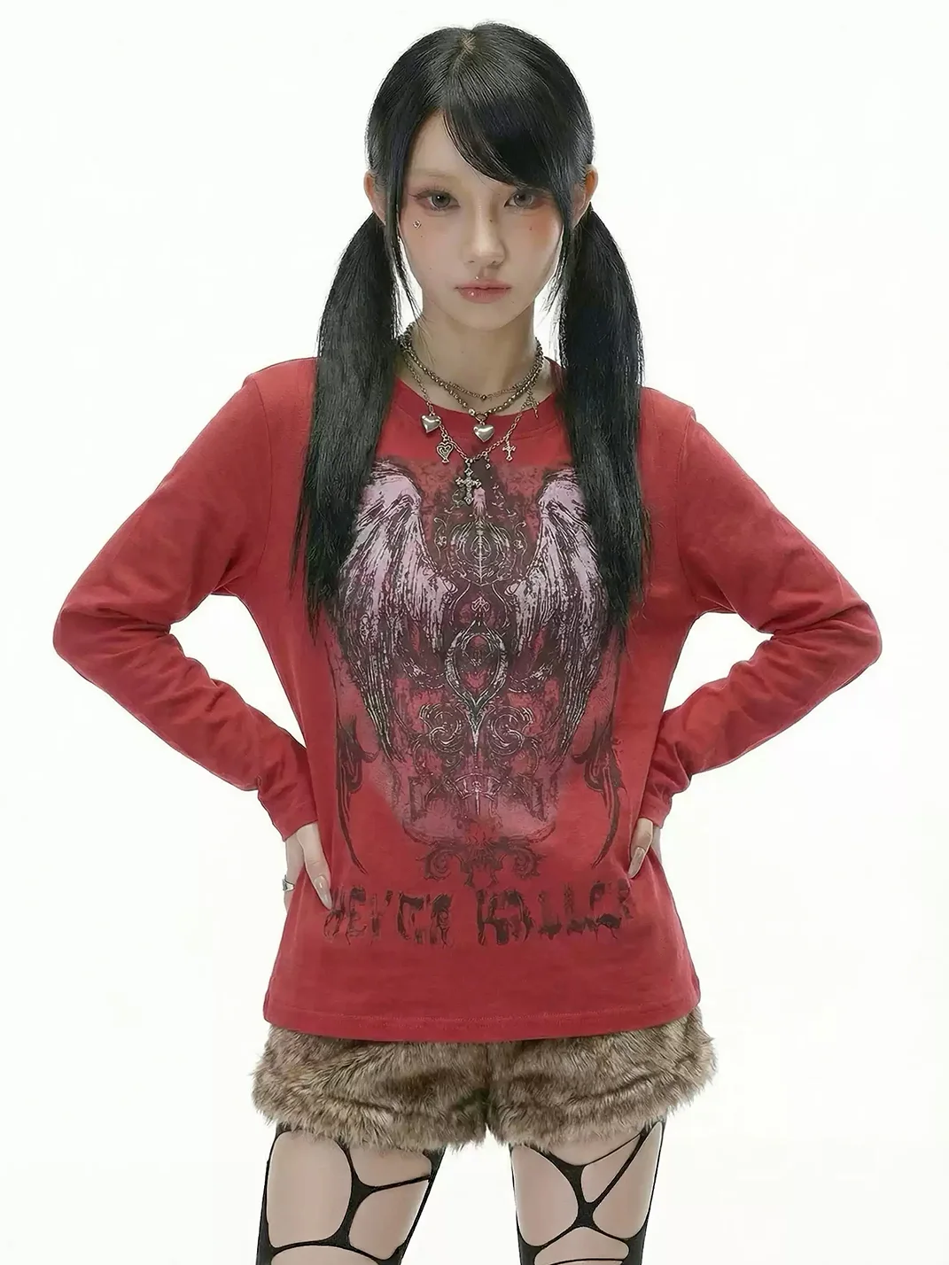 WEBBAR | Y2K Gothic Red Long Sleeve Graphic T-Shirt