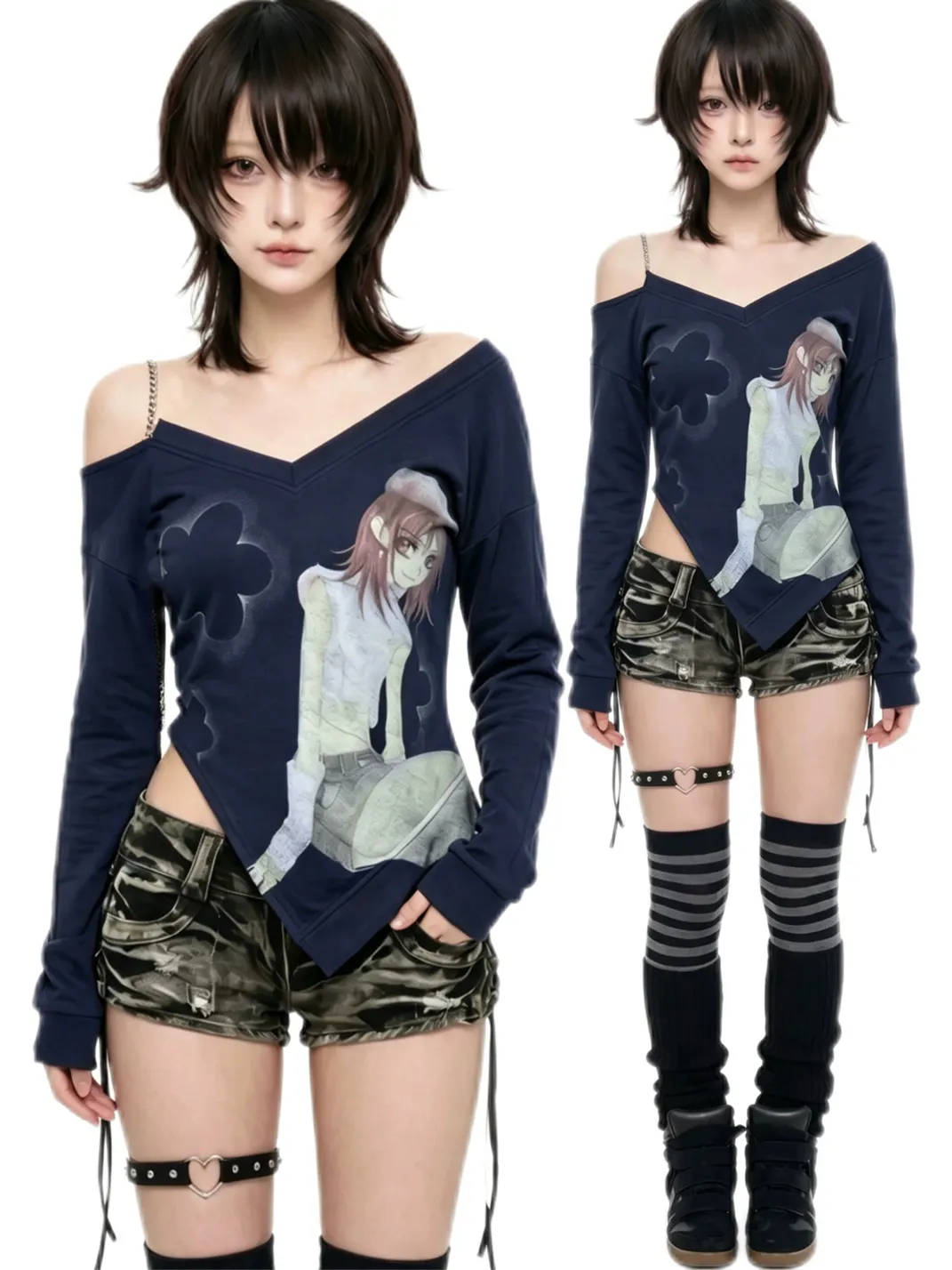 WEBBAR | Cyan Slanted Shoulder Chain Long Sleeve T-Shirt