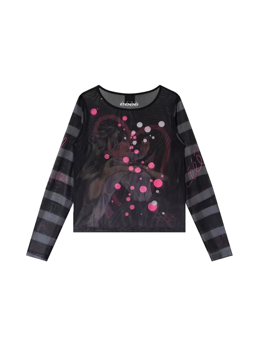 EeeeArtmonster | PEGACON Girl Print Sheer Mesh Long Sleeve Top - 4