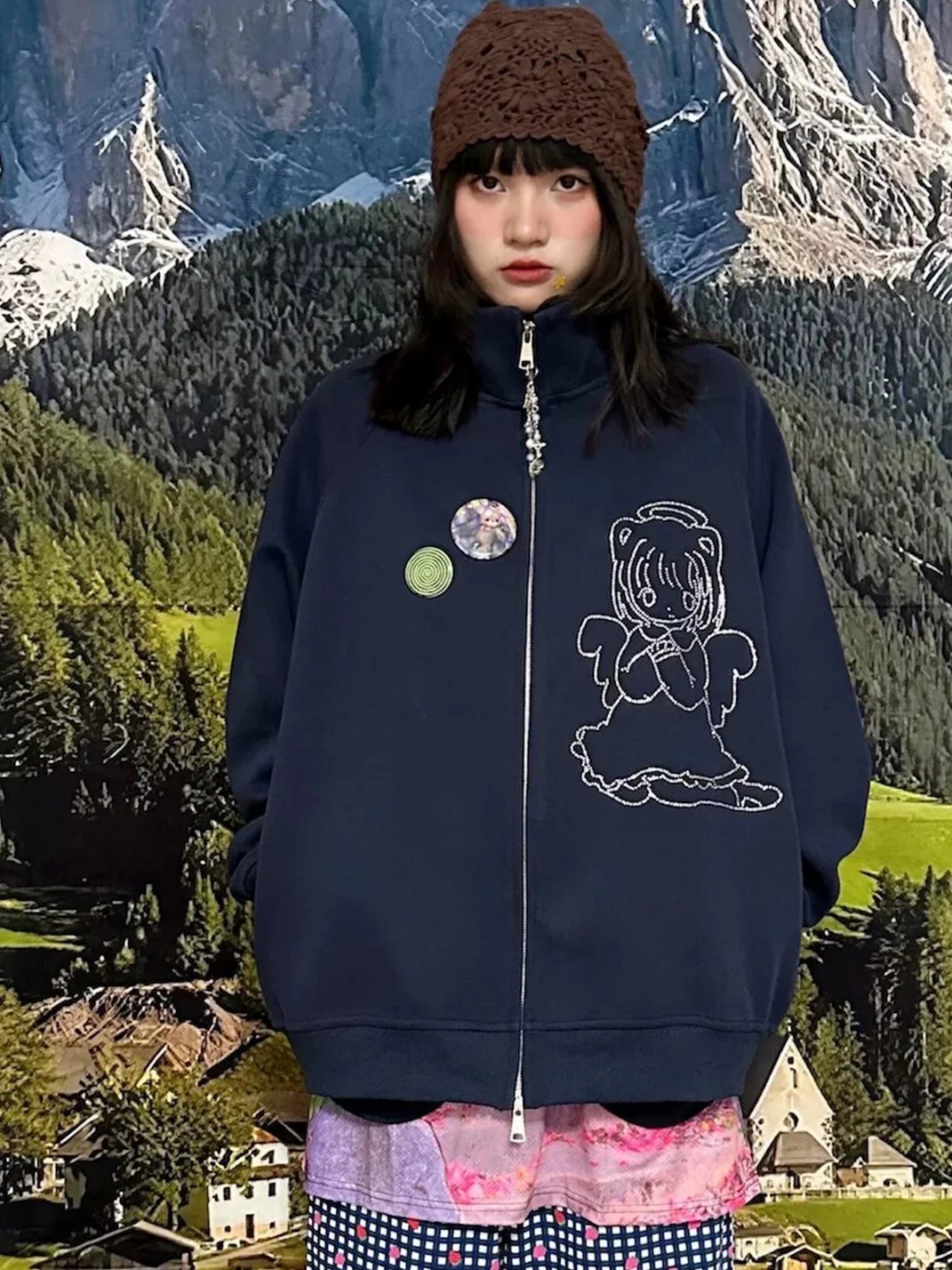 Bunnybunnygun | Navy Rhinestone Angel Oversized Zip-Up Sweatshirt