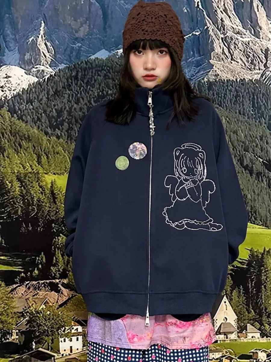 Bunnybunnygun | Navy Rhinestone Angel Oversized Zip-Up Sweatshirt - 2