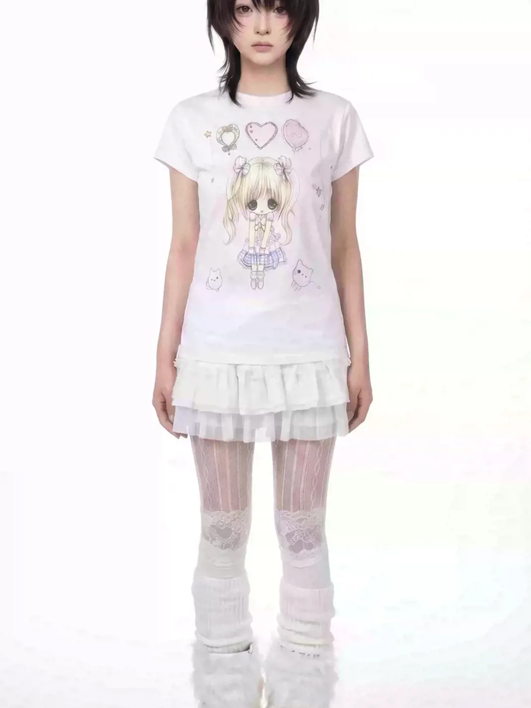 WEBBAR | White Short Sleeve T-Shirt With Cute Cartoon Prints