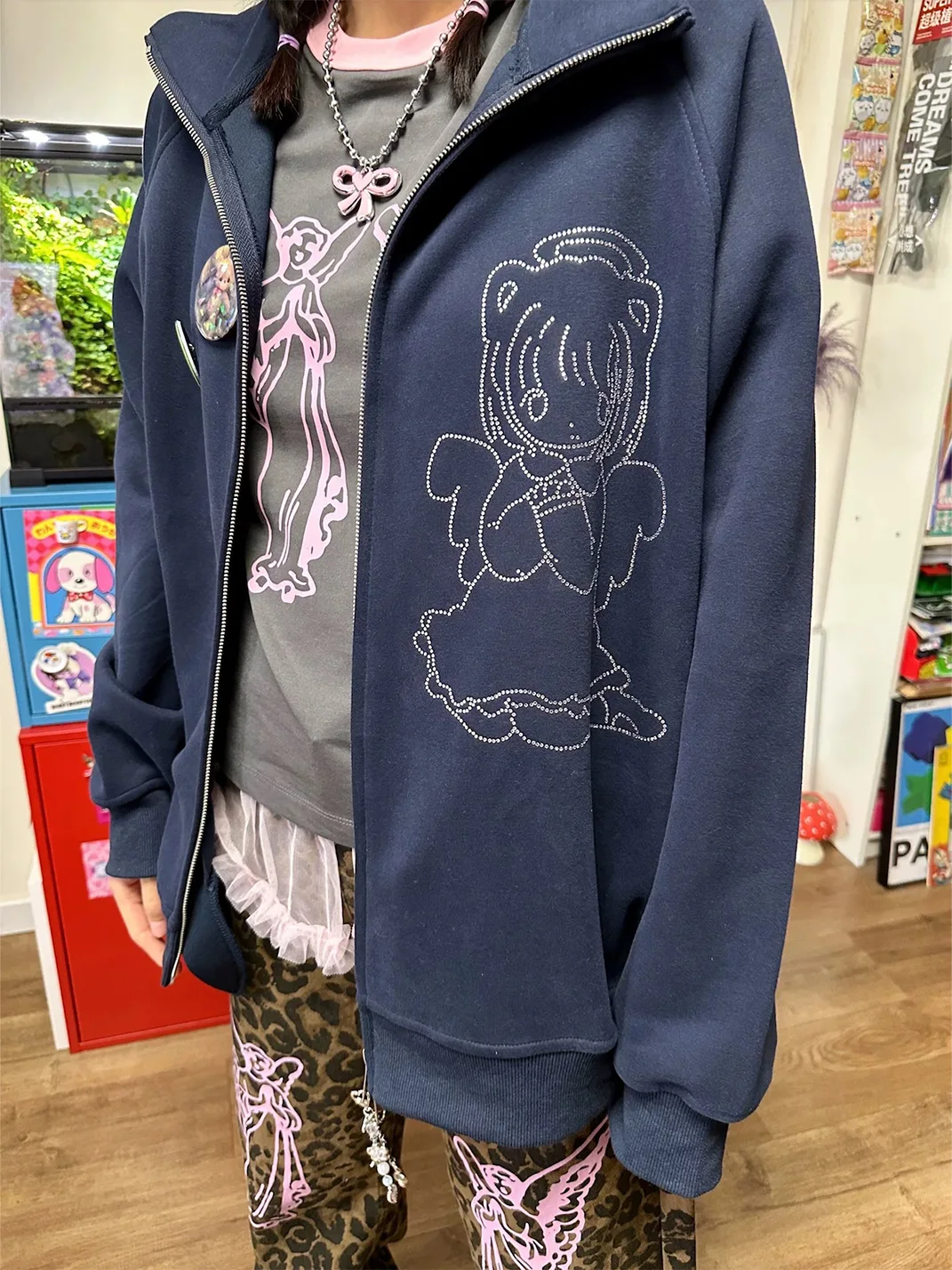 Bunnybunnygun | Navy Rhinestone Angel Oversized Zip-Up Sweatshirt