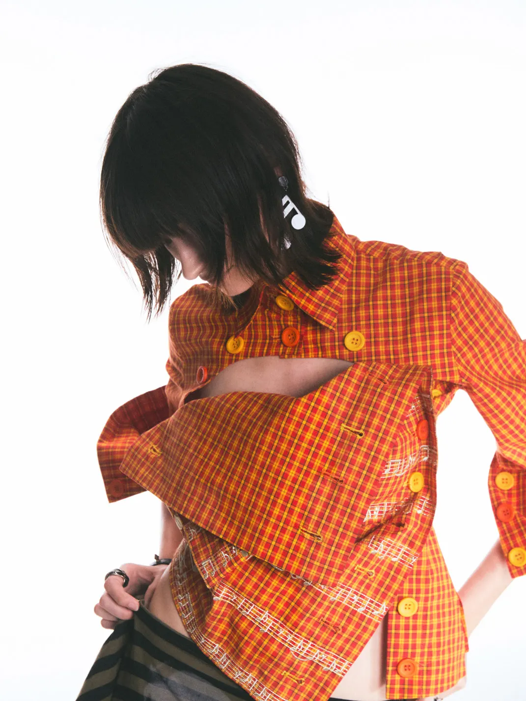 Fruitanari | Unisex Orange Yellow Plaid Musical Note Shirt