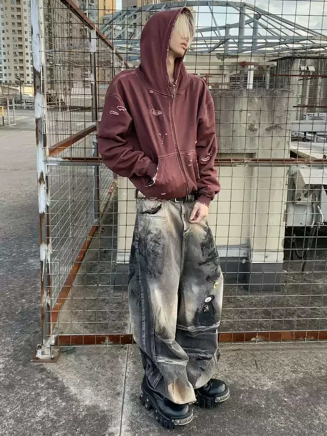 EMOBROTHER | Distressed Oxidized Stain Wide-Leg Jeans