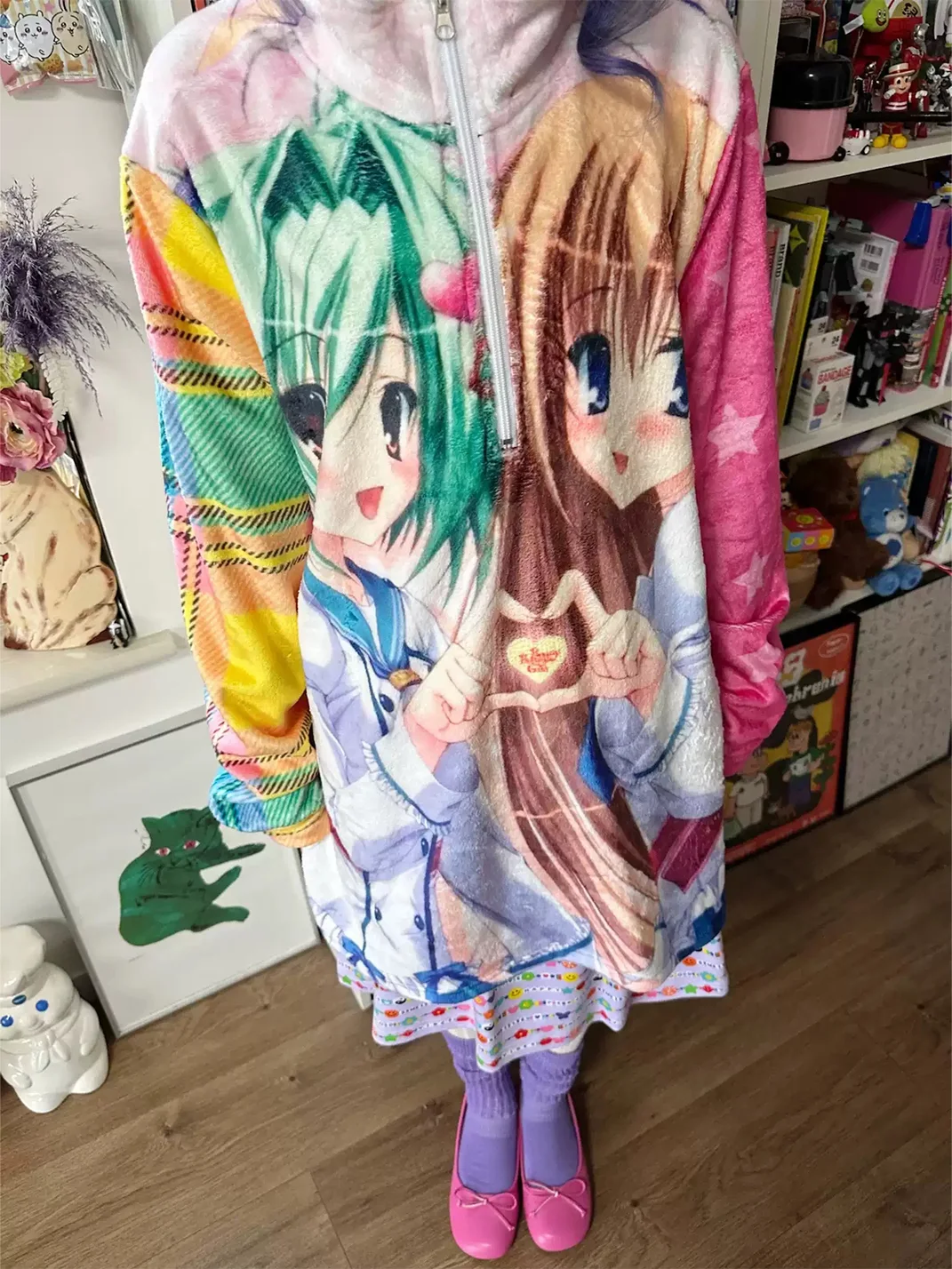 Bunnybunnygun | Anime Print Oversized Flannel Half-Zip Fleece Top