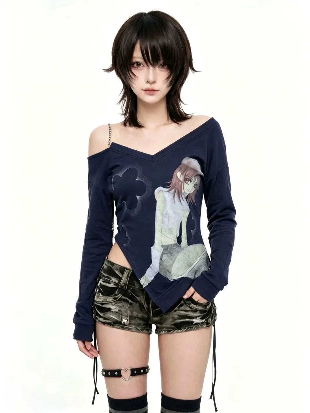 WEBBAR | Cyan Slanted Shoulder Chain Long Sleeve T-Shirt