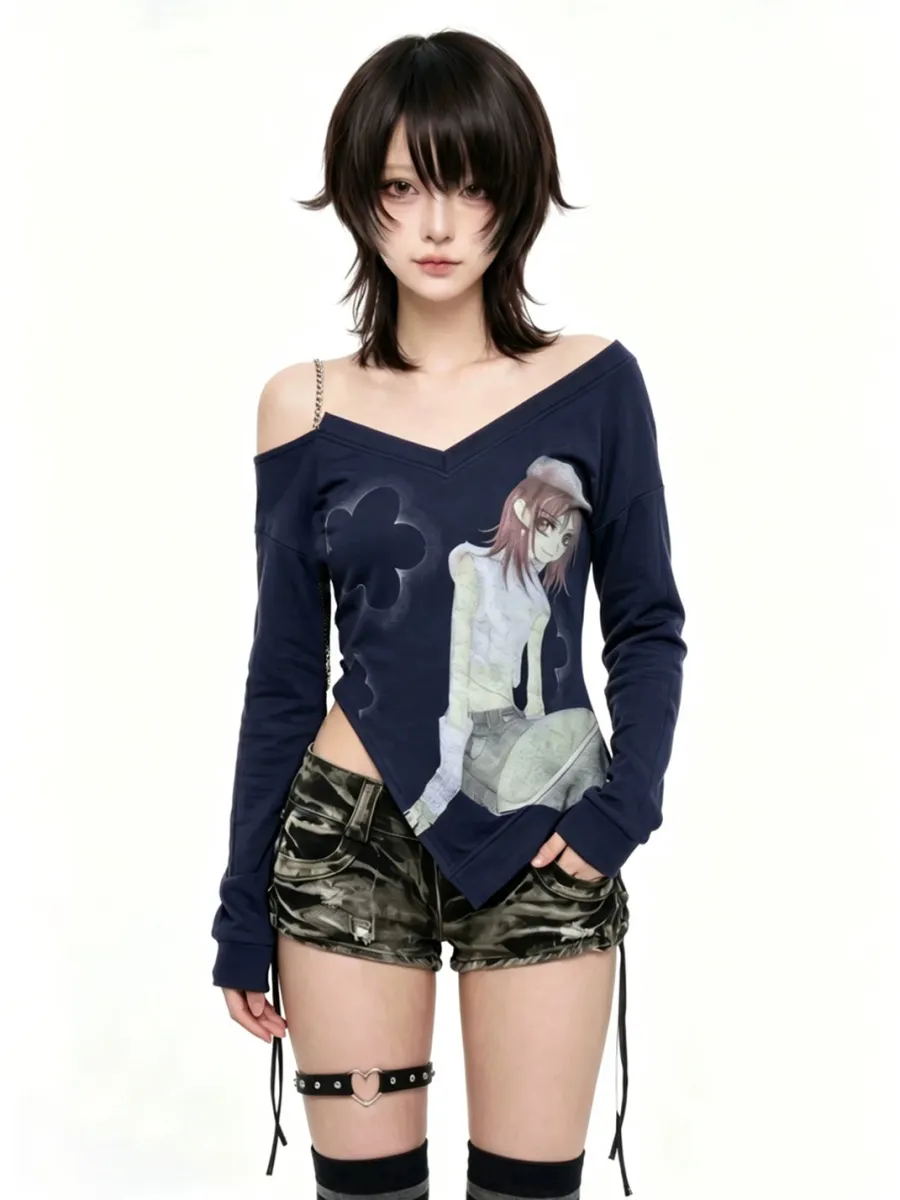 WEBBAR | Cyan Slanted Shoulder Chain Long Sleeve T-Shirt - 3