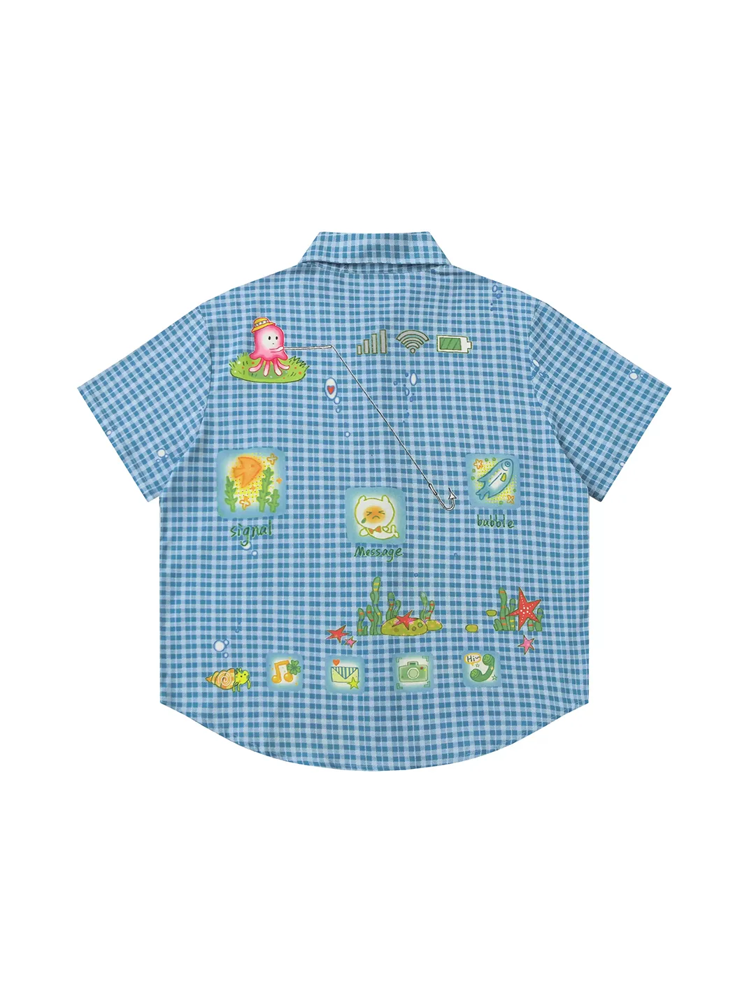 BlackBerry | Blue Plaid Short-Sleeve Shirt with Cartoon Ocean Motifs