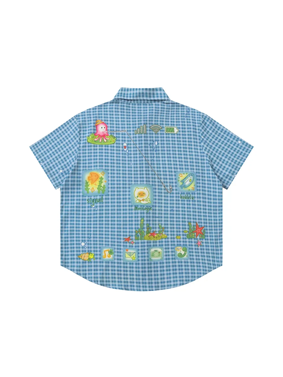 BlackBerry | Blue Plaid Short-Sleeve Shirt with Cartoon Ocean Motifs - 2