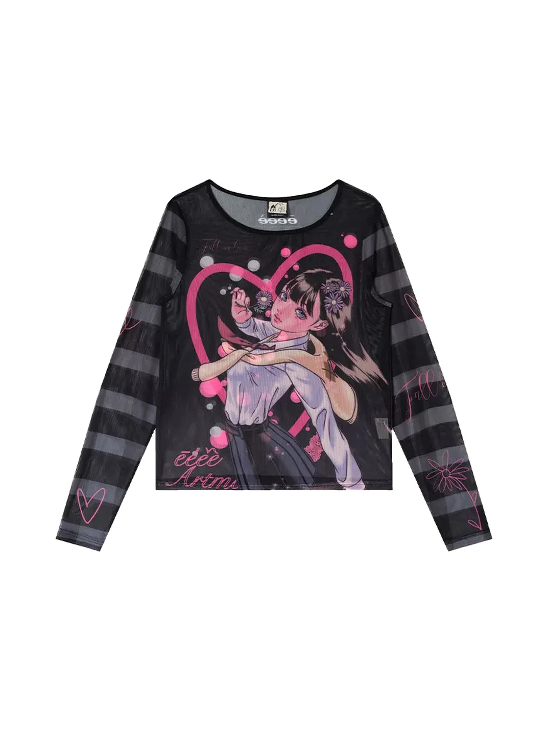 EeeeArtmonster | PEGACON Girl Print Sheer Mesh Long Sleeve Top