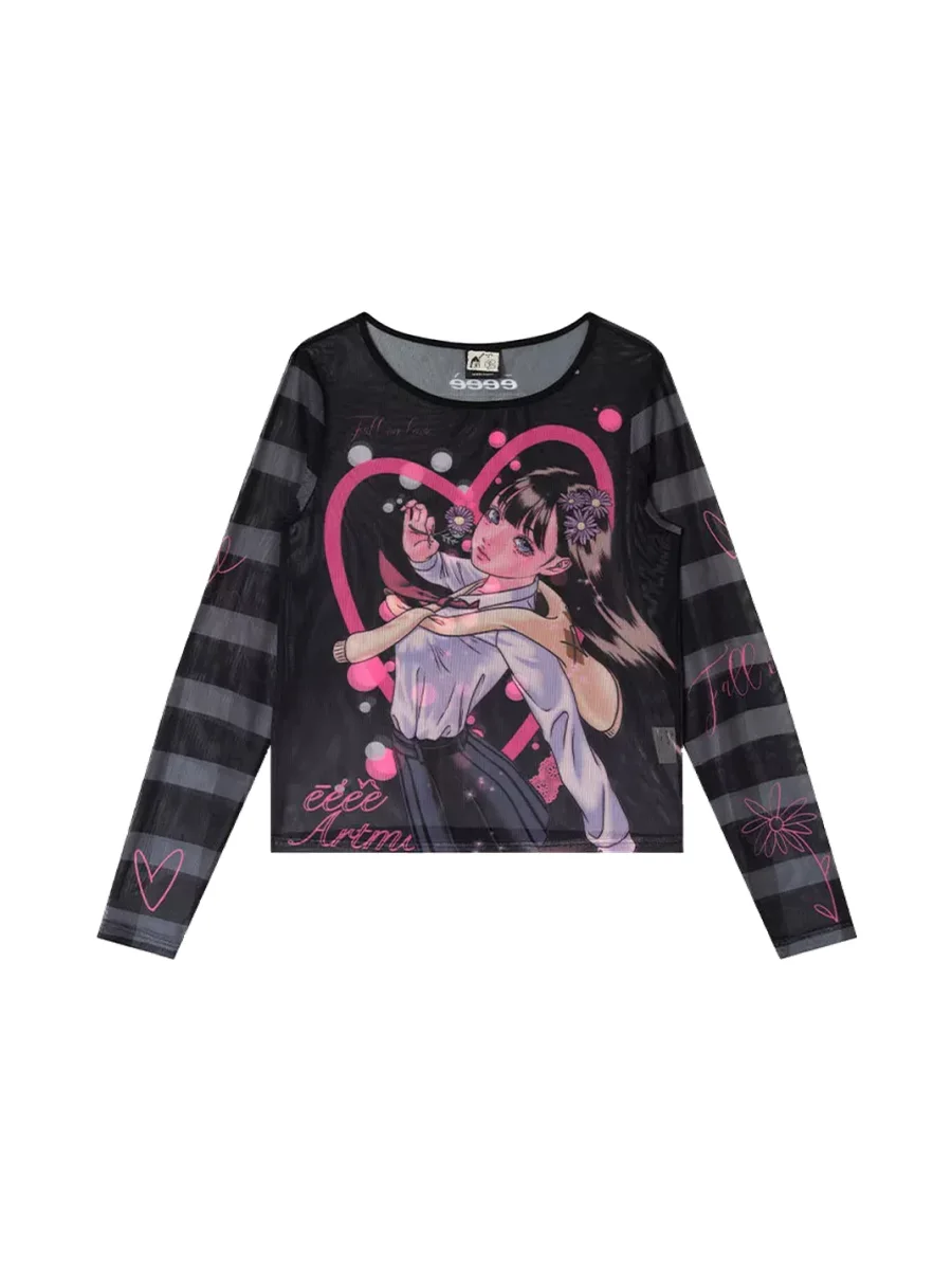 EeeeArtmonster | PEGACON Girl Print Sheer Mesh Long Sleeve Top - 2