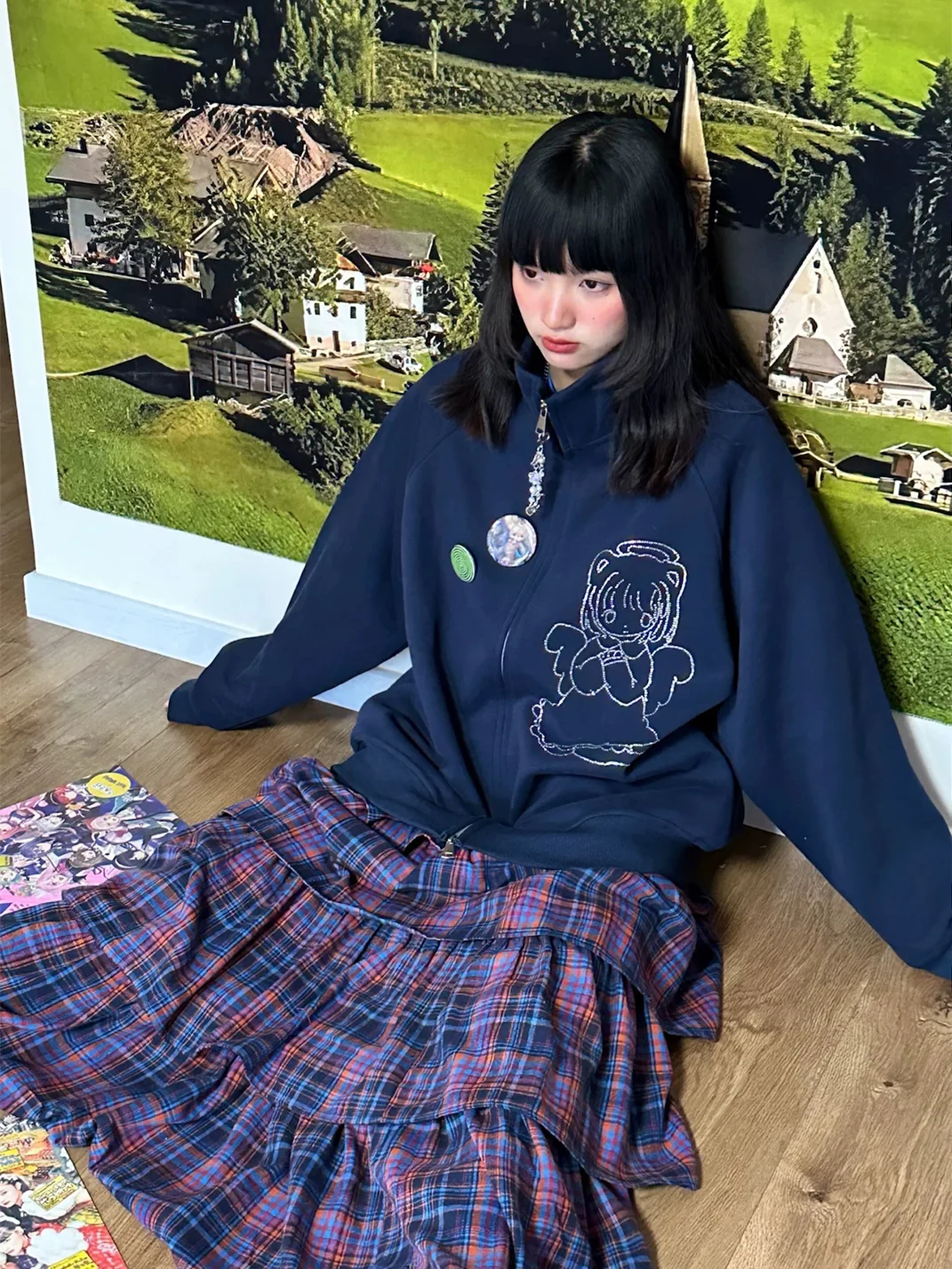 Bunnybunnygun | Navy Rhinestone Angel Oversized Zip-Up Sweatshirt