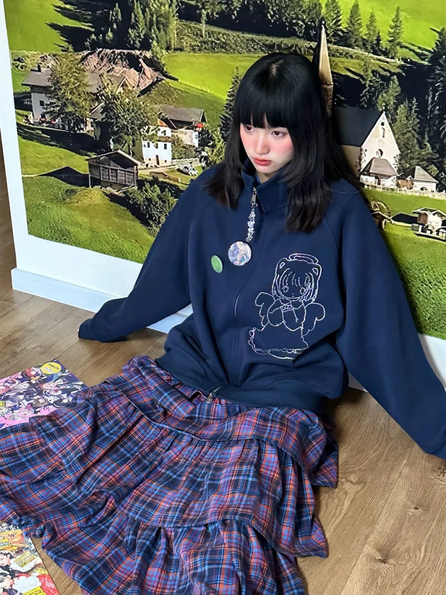 Bunnybunnygun | Navy Rhinestone Angel Oversized Zip-Up Sweatshirt - 3