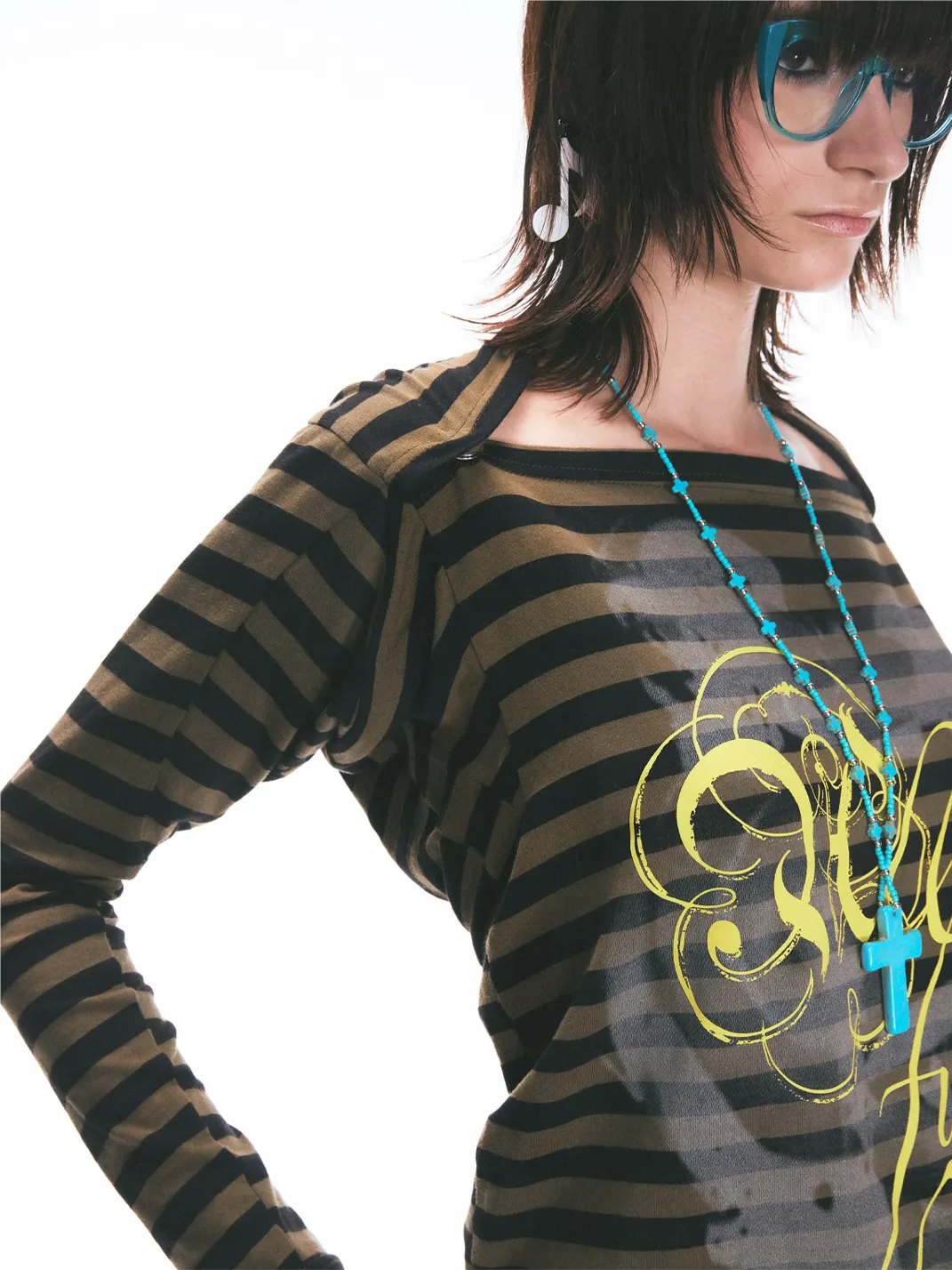 Fruitanari | Striped Off-Shoulder Zip-Back Long Sleeve Top