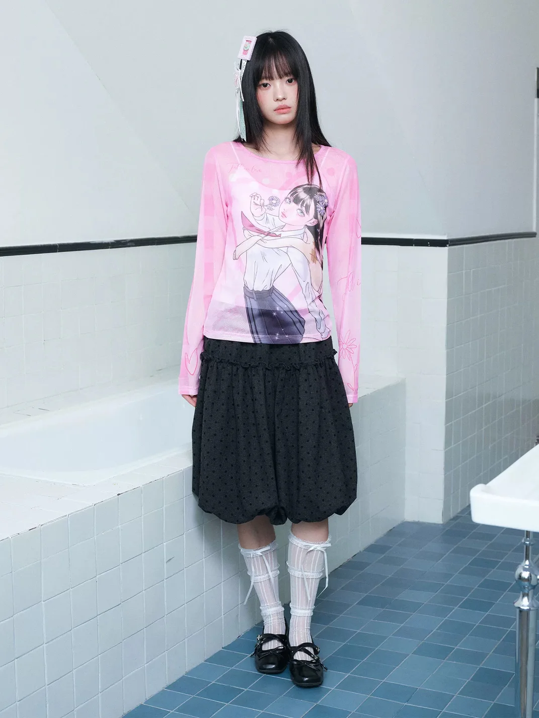 EeeeArtmonster | PEGACON Girl Print Sheer Mesh Long Sleeve Top
