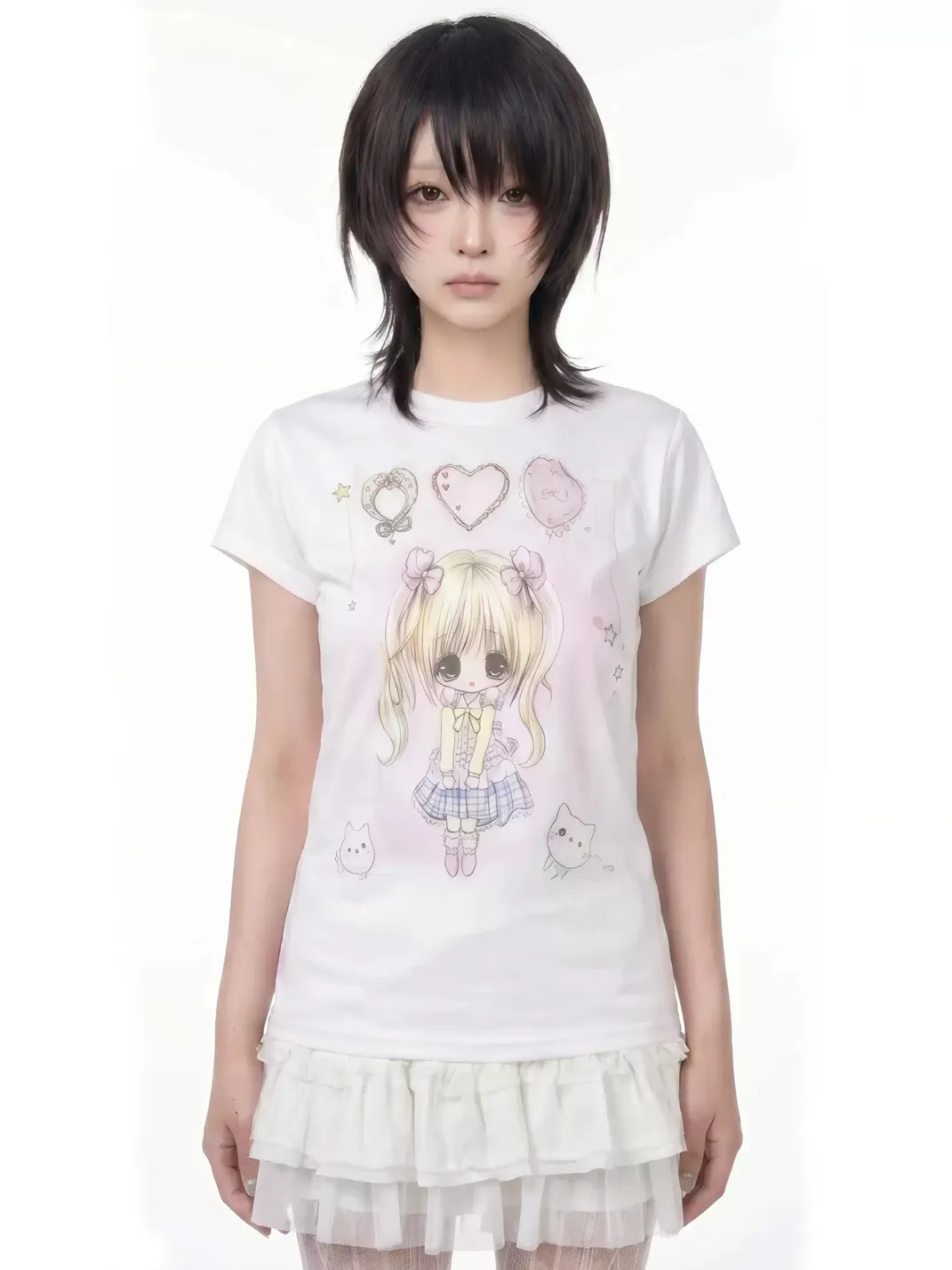 WEBBAR | White Short Sleeve T-Shirt With Cute Cartoon Prints