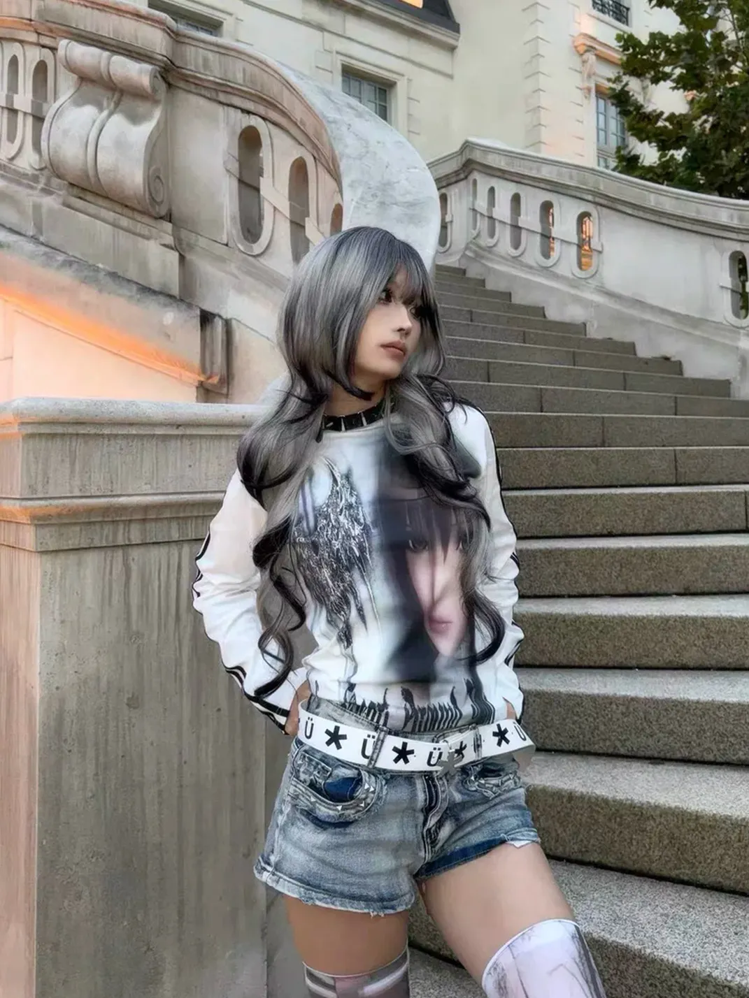 WEBBAR | Gothic Graphic Fitted Long-Sleeve Jersey Top