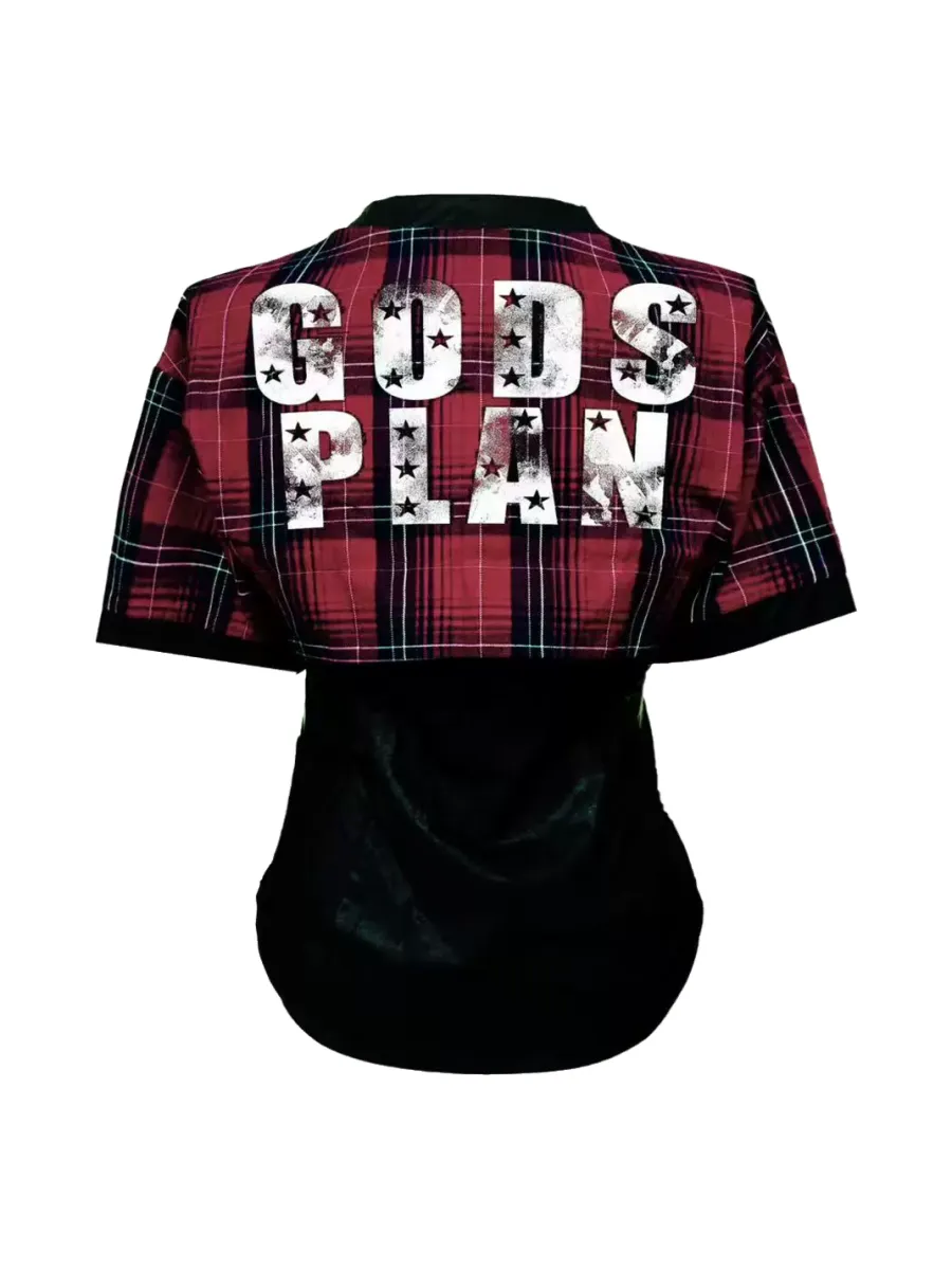 Gods plan | Women's Red Plaid Fitted Cropped V-Neck Short-Sleeve Blouse - 2