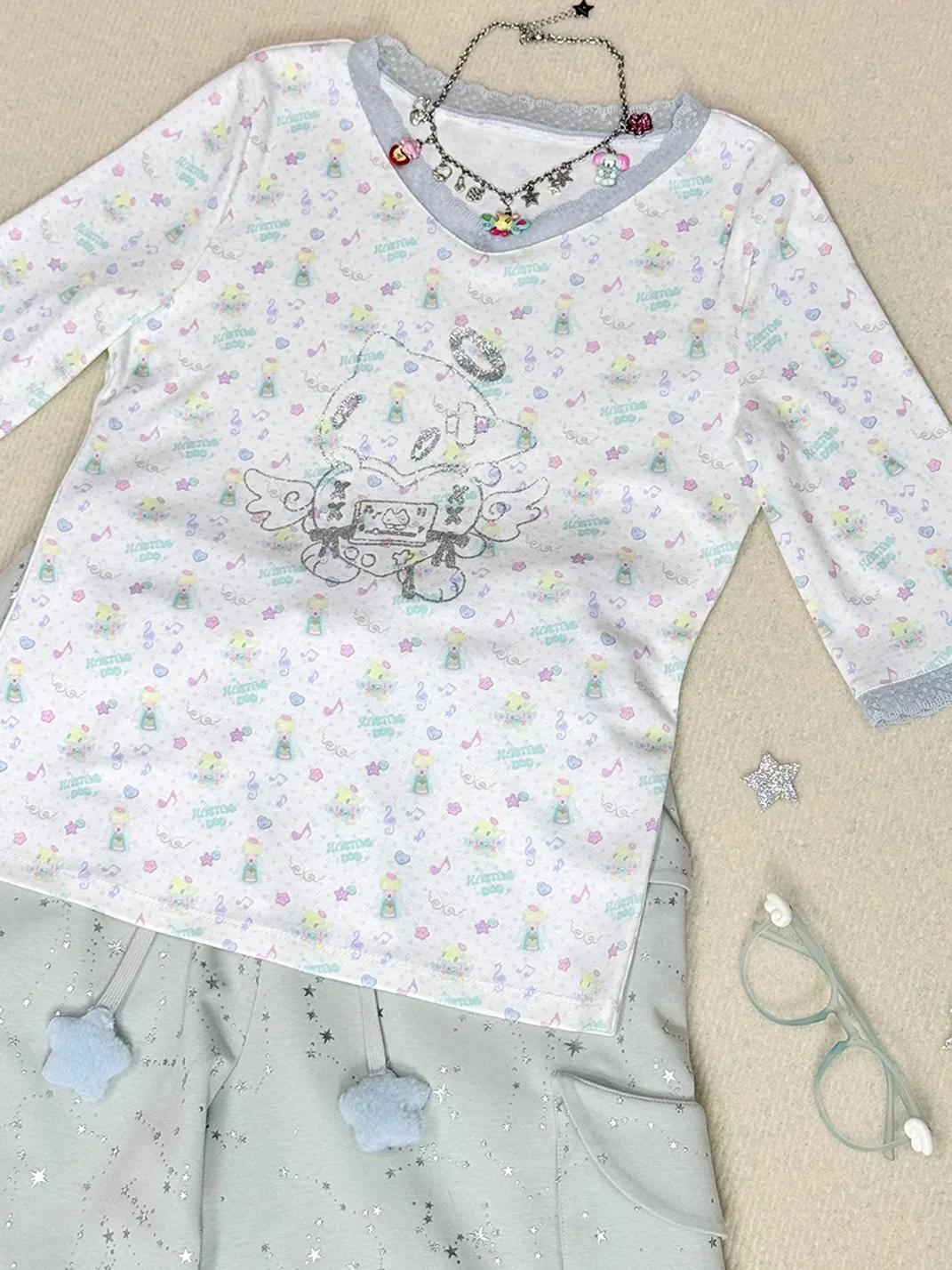Hashtag DDD | Y2K Angel Cat Polka Dot V-Neck Three-Quarter Sleeve T-Shirt