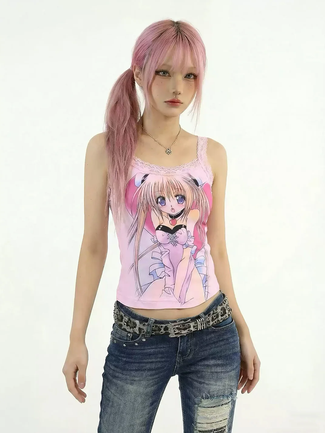 WEBBAR | Pink Lace Camisole With 2D Girl Print