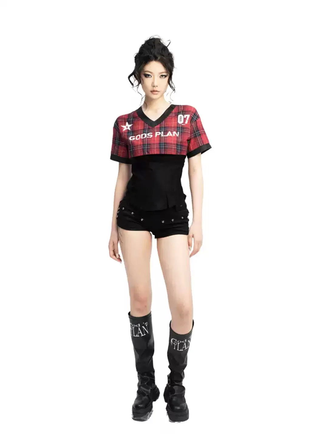 Gods plan | Women's Red Plaid Fitted Cropped V-Neck Short-Sleeve Blouse