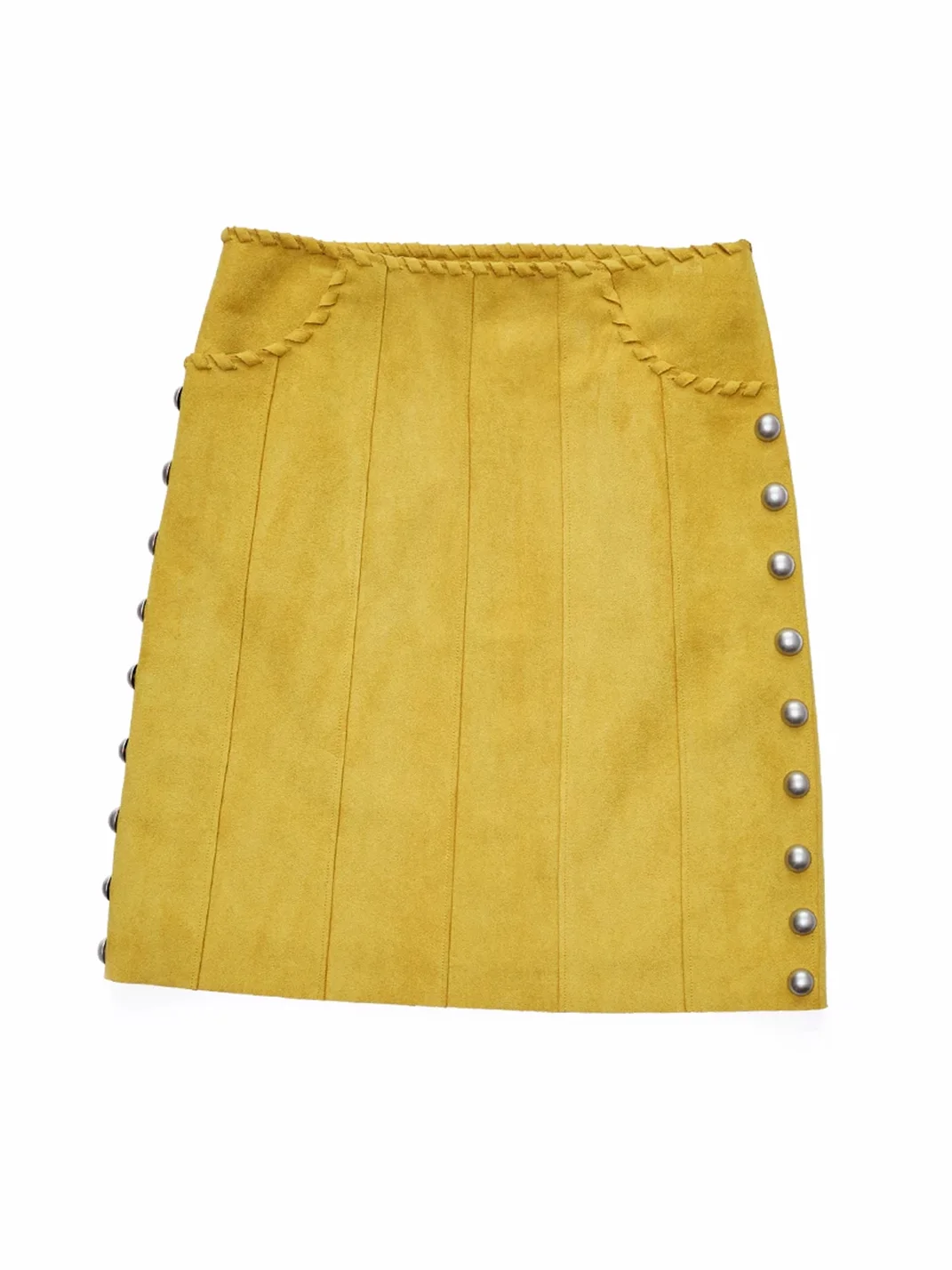 1JINN STUDIO | Vintage Suede Rivet High-Waisted A-Line Midi Skirt