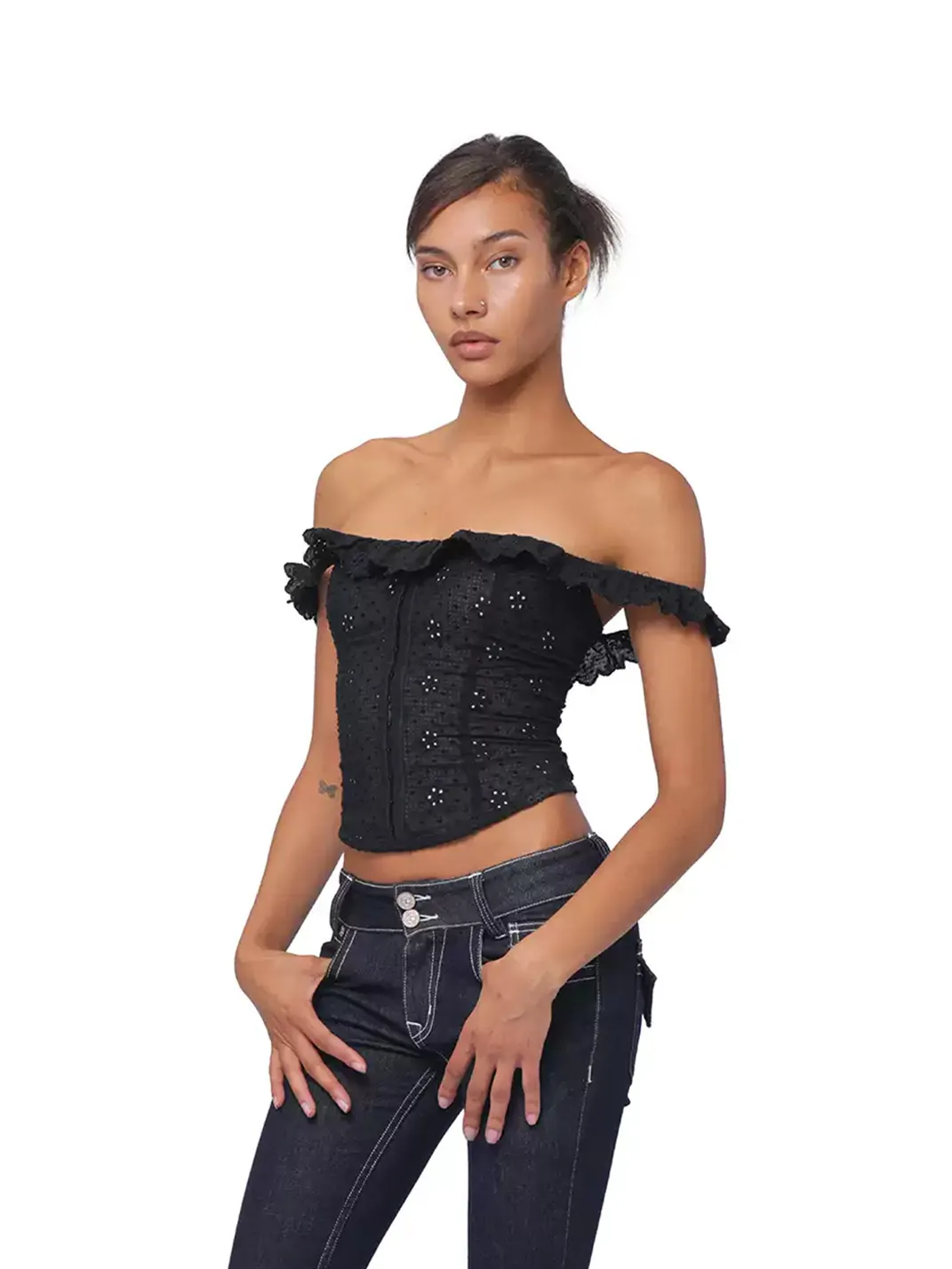 SweetChilling | Embroidered Ruffle Off-Shoulder Cropped Top